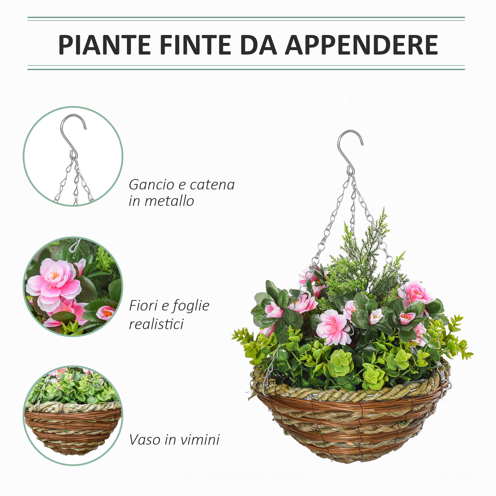 Set of 2 Artificial Lisianthus Plants with Pot and Hook, Artificial Plants in PE and Wicker, Ø25x34 cm, Green and Pink