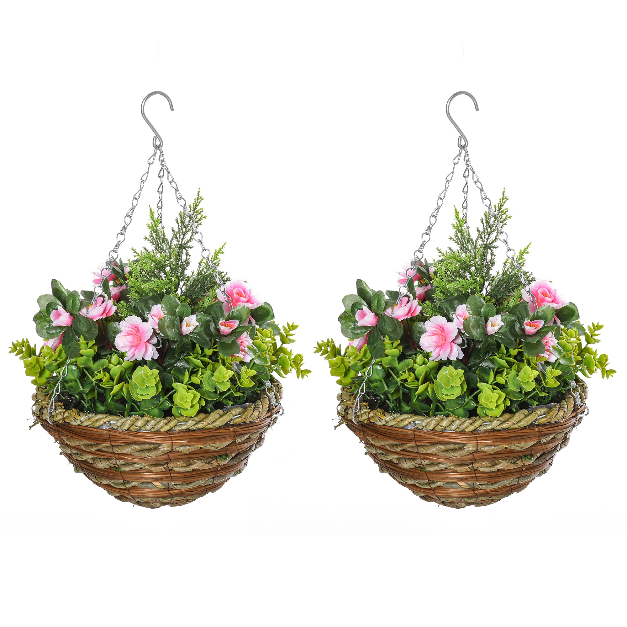 Set of 2 Artificial Lisianthus Plants with Pot and Hook, Artificial Plants in PE and Wicker, Ø25x34 cm, Green and Pink