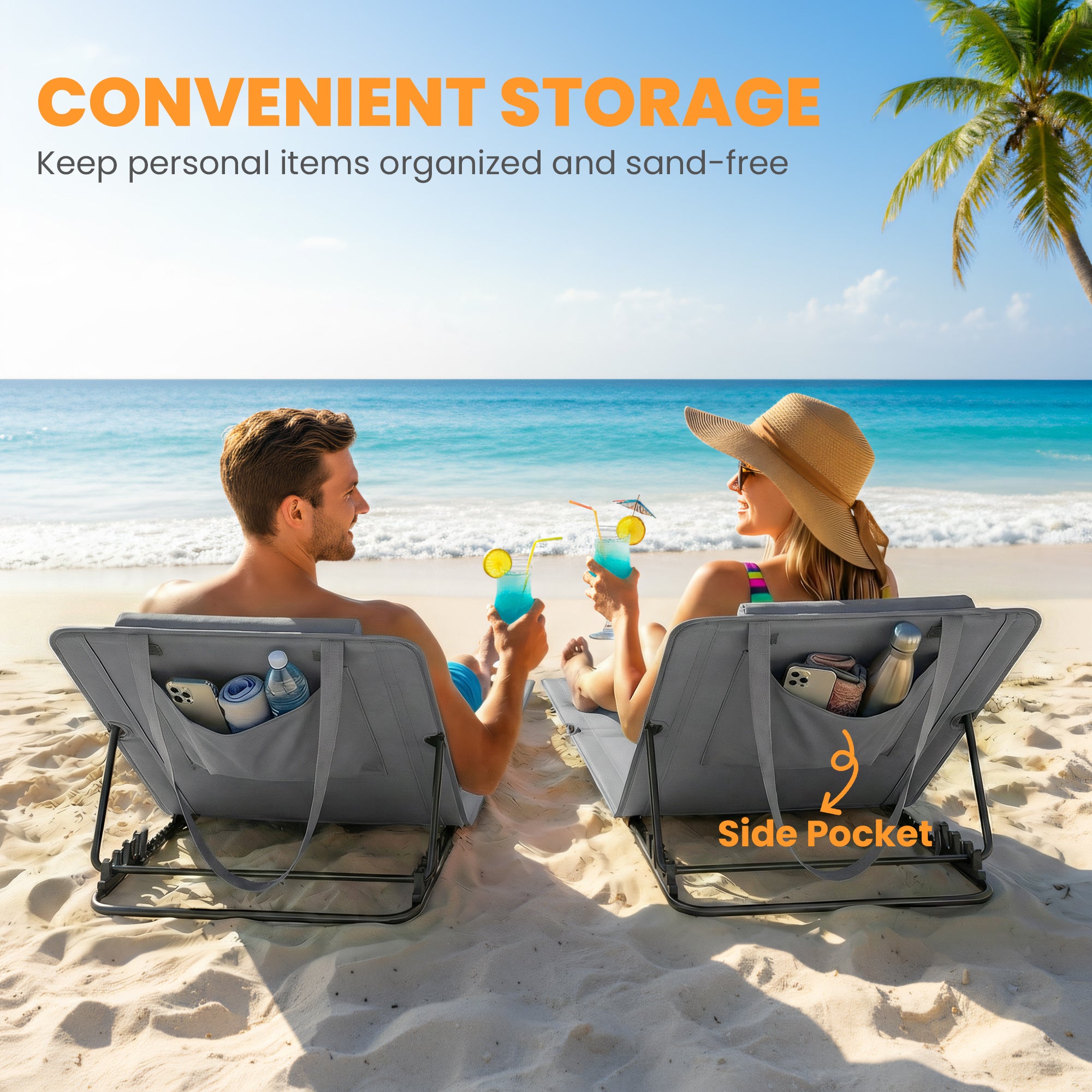 2-Pack Folding Beach Loungers with Adjustable Backrest, Pillow & Carry Bag – Dark Gray