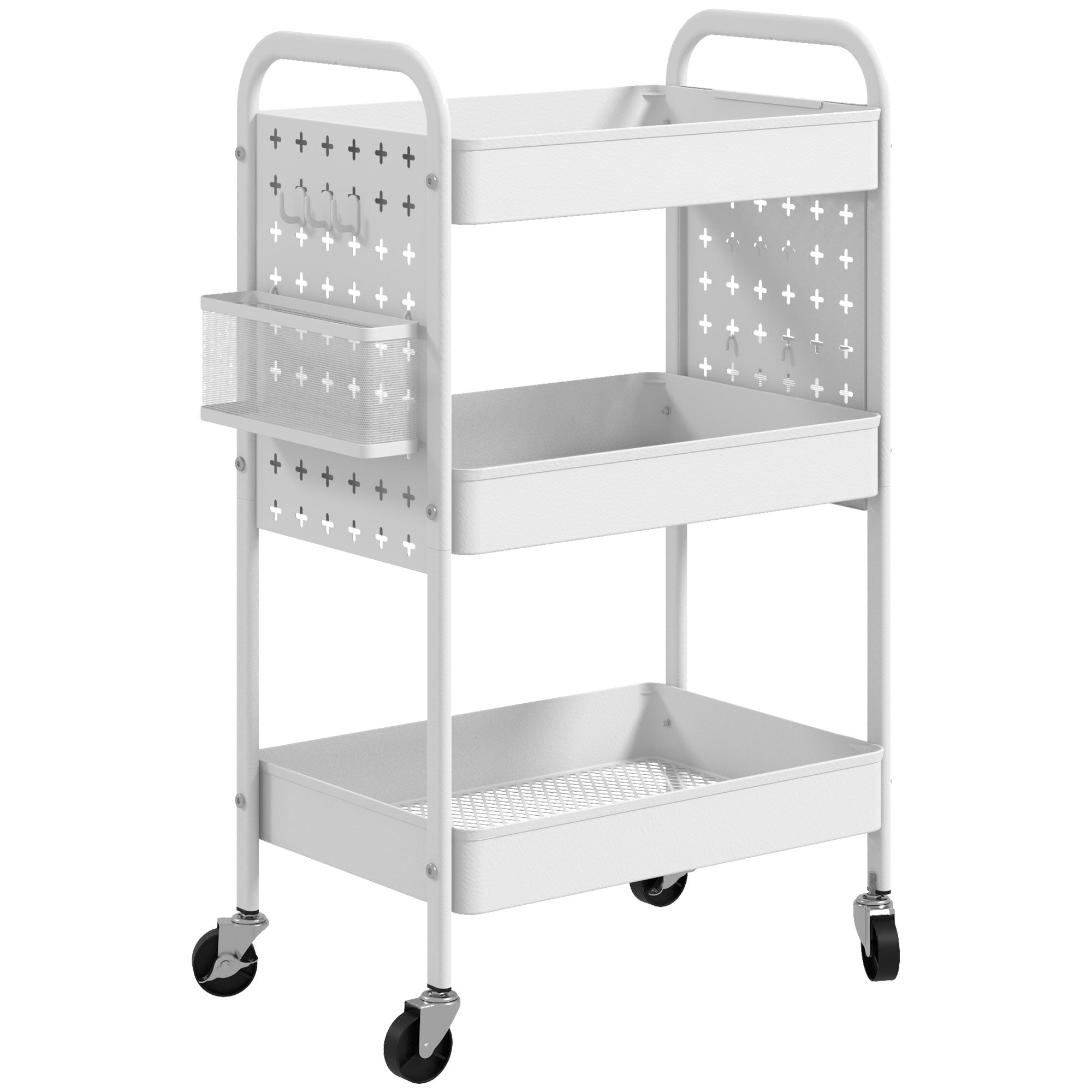 Trolley Cart, Utility Cart with 3 Tiers, 2 Hanging Baskets, Storage Cart with Handle, Kitchen Cart, Serving Cart for Kitchen, Living Room, Steel, White