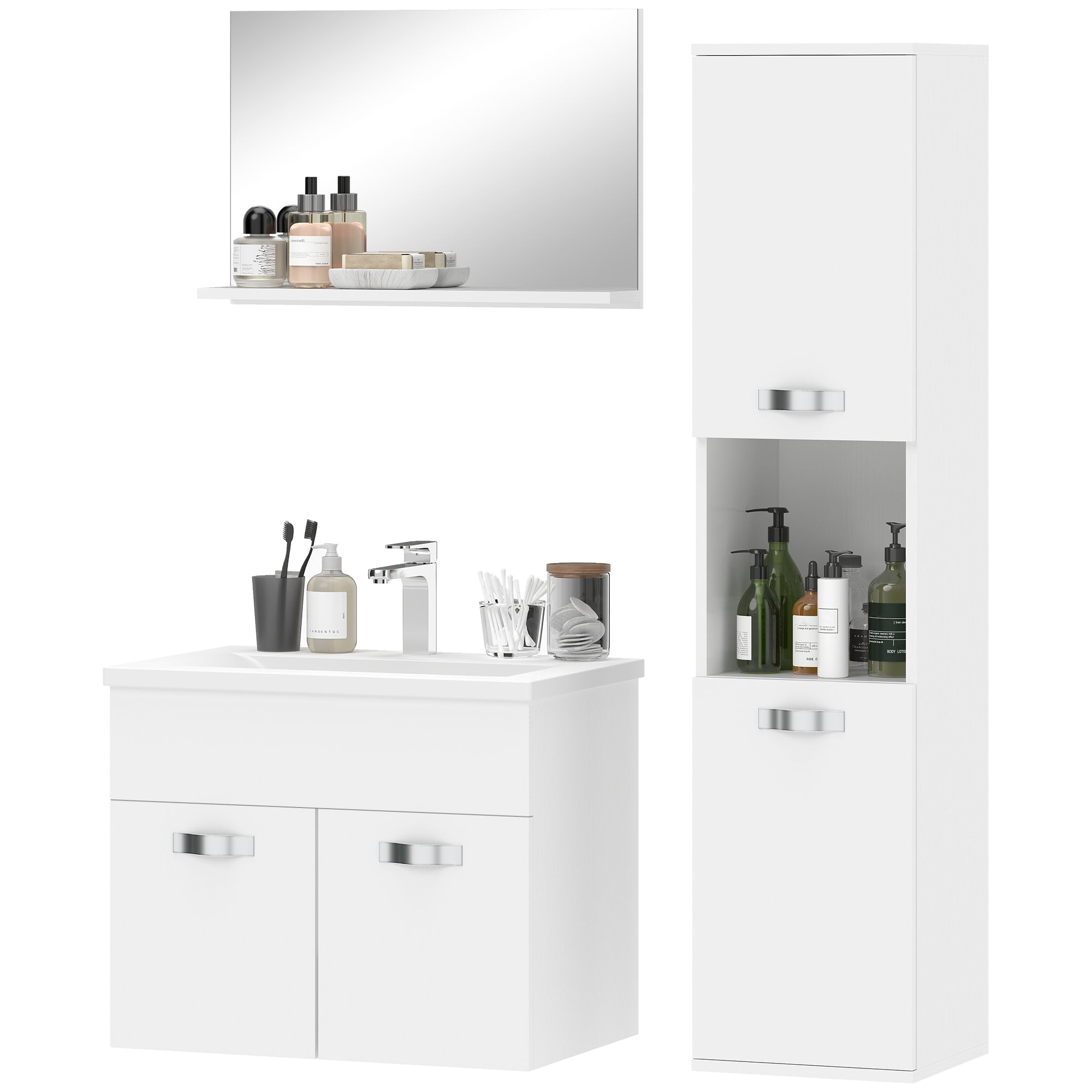 4-Piece Wall-Mounted Bathroom Vanity Set with Ceramic Basin, Tall Storage Cabinet & Mirror — Modern White