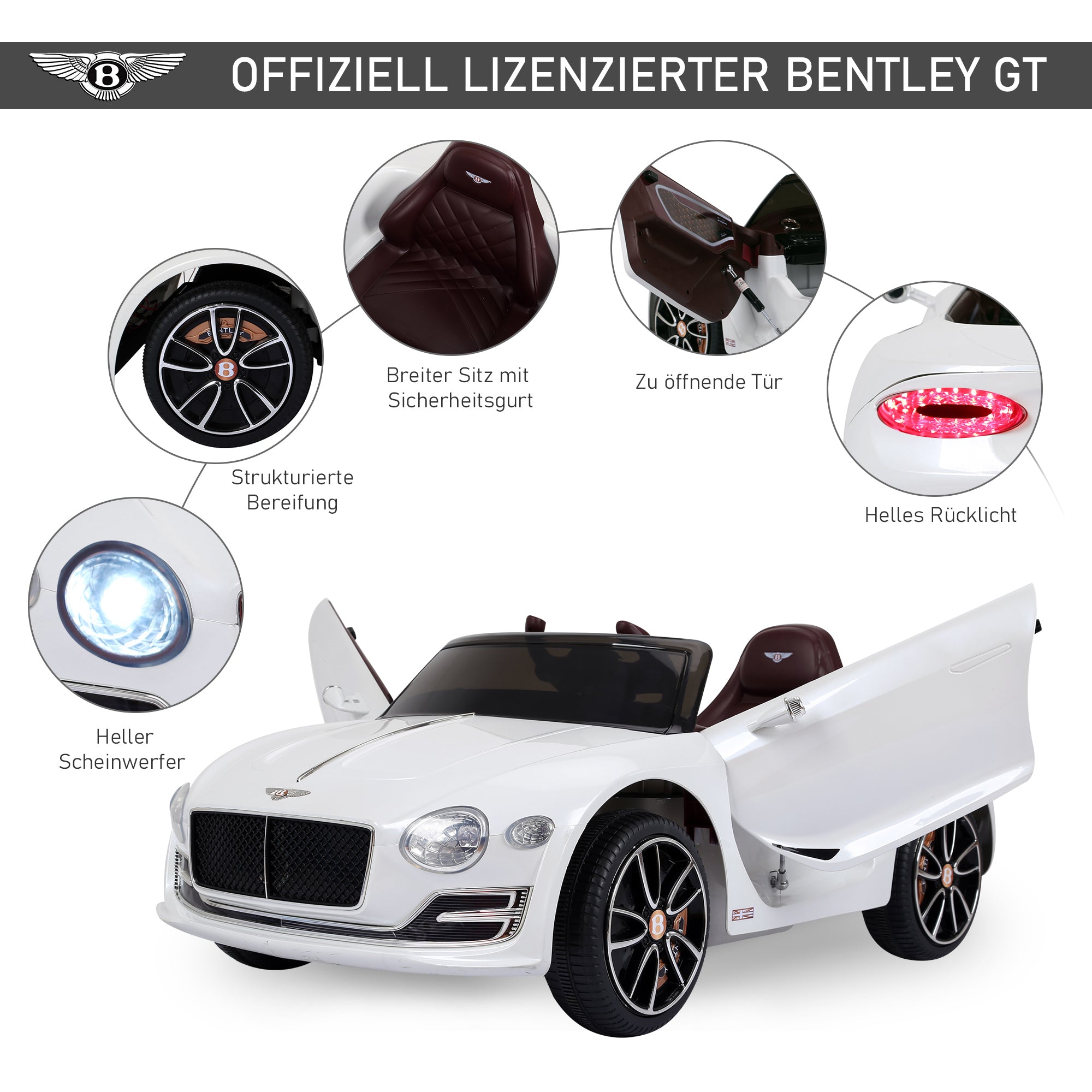Kid's Car Bentley GT Licensed Children's Electric Car with Remote Control 2 x 390 Motors Kids White 108 x 60 x 43 cm