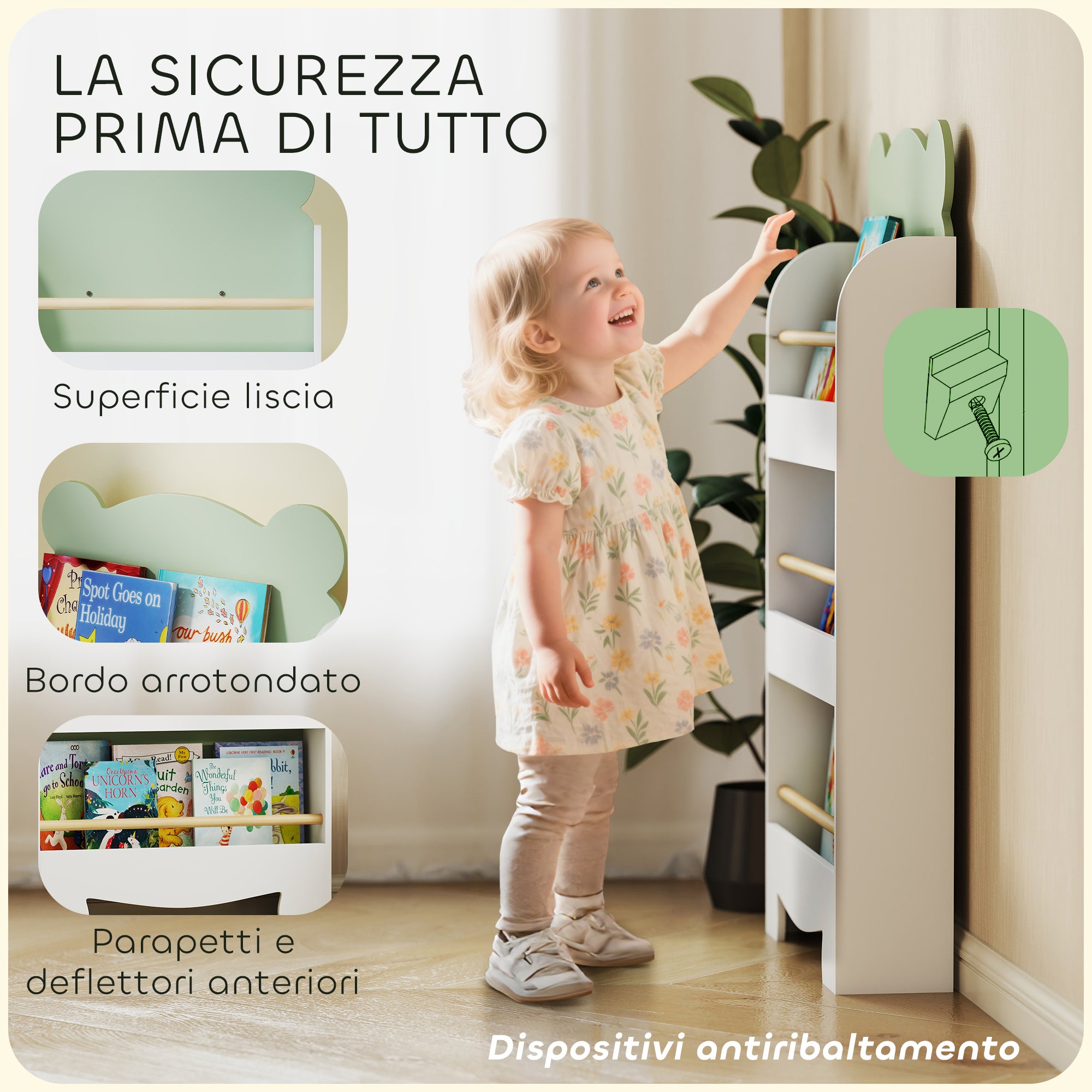 Children's Bookcase with 3 Shelves, Space-Saving Bear-Shaped Shelf with Front Barriers, for Kids' Room and Living Room, 55x15x110 cm, Green