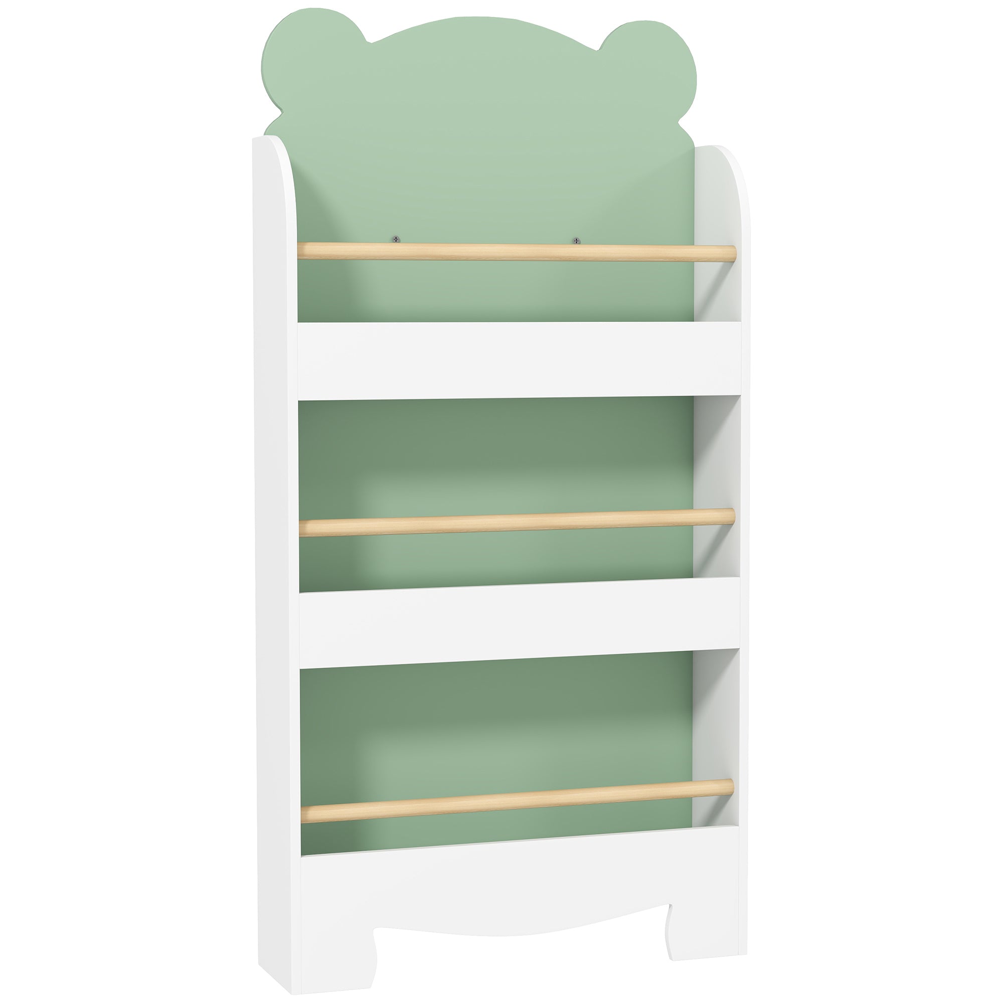 Children's Bookcase with 3 Shelves, Space-Saving Bear-Shaped Shelf with Front Barriers, for Kids' Room and Living Room, 55x15x110 cm, Green