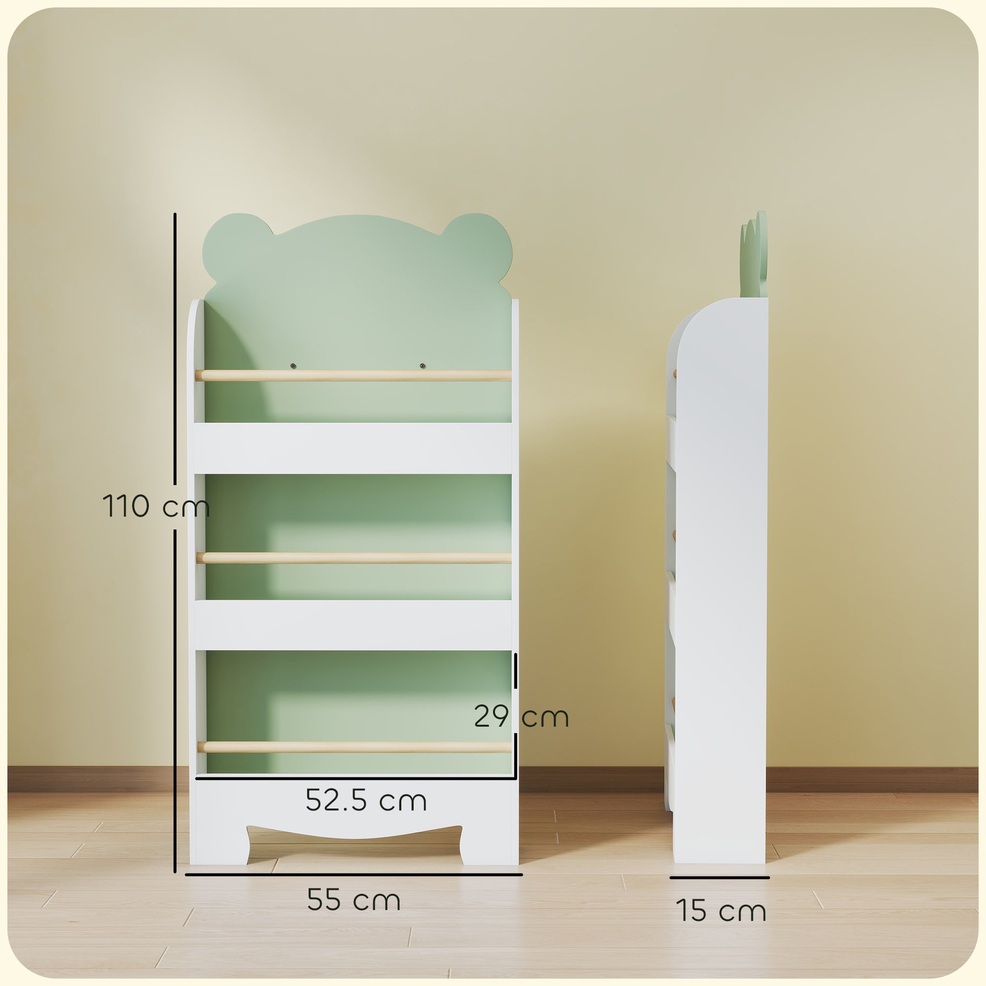Children's Bookcase with 3 Shelves, Space-Saving Bear-Shaped Shelf with Front Barriers, for Kids' Room and Living Room, 55x15x110 cm, Green