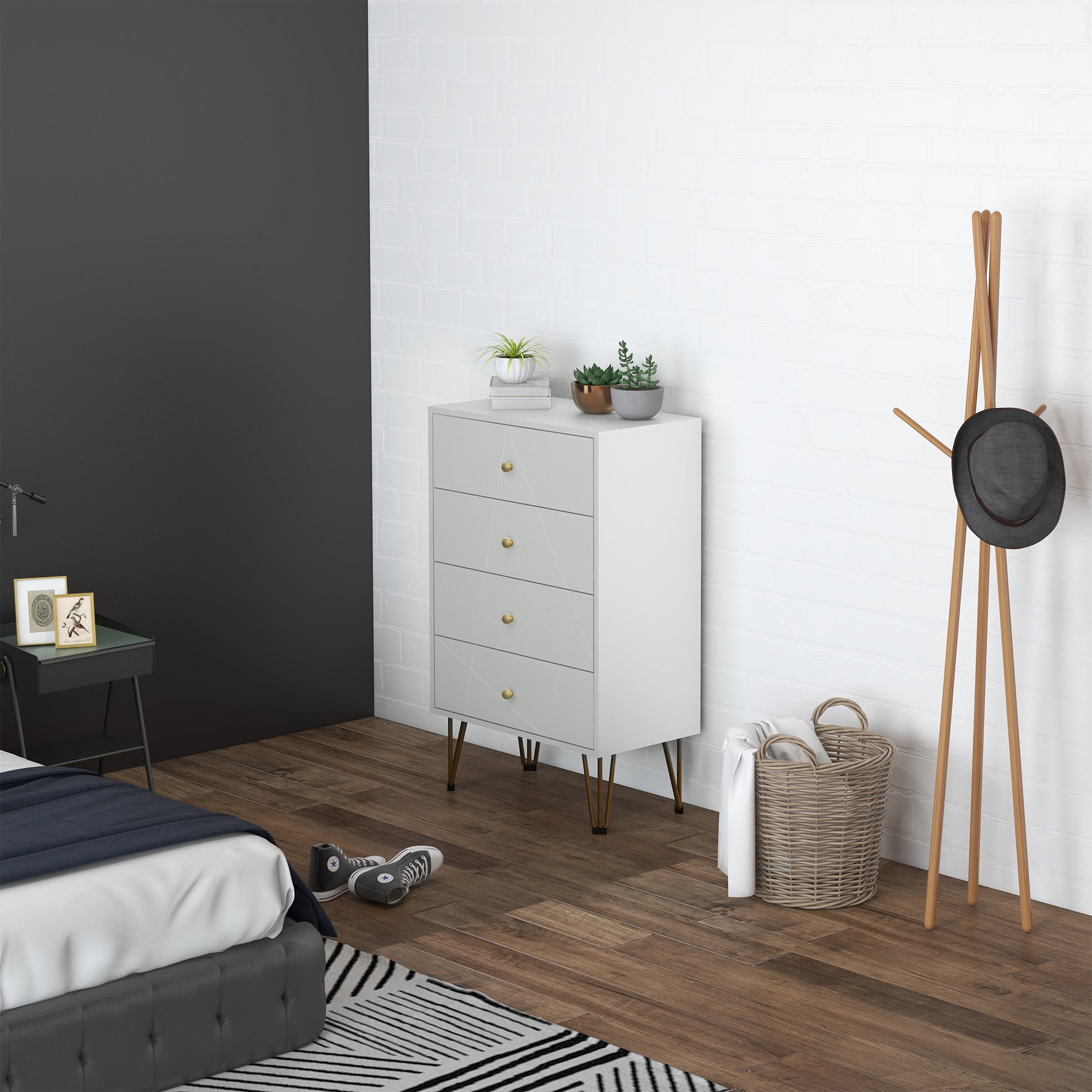 Modern Bedroom Dresser Wooden Dresser with 4 Drawers and Metal Legs Storage Chest for Living Room Office 60x40x100 cm White