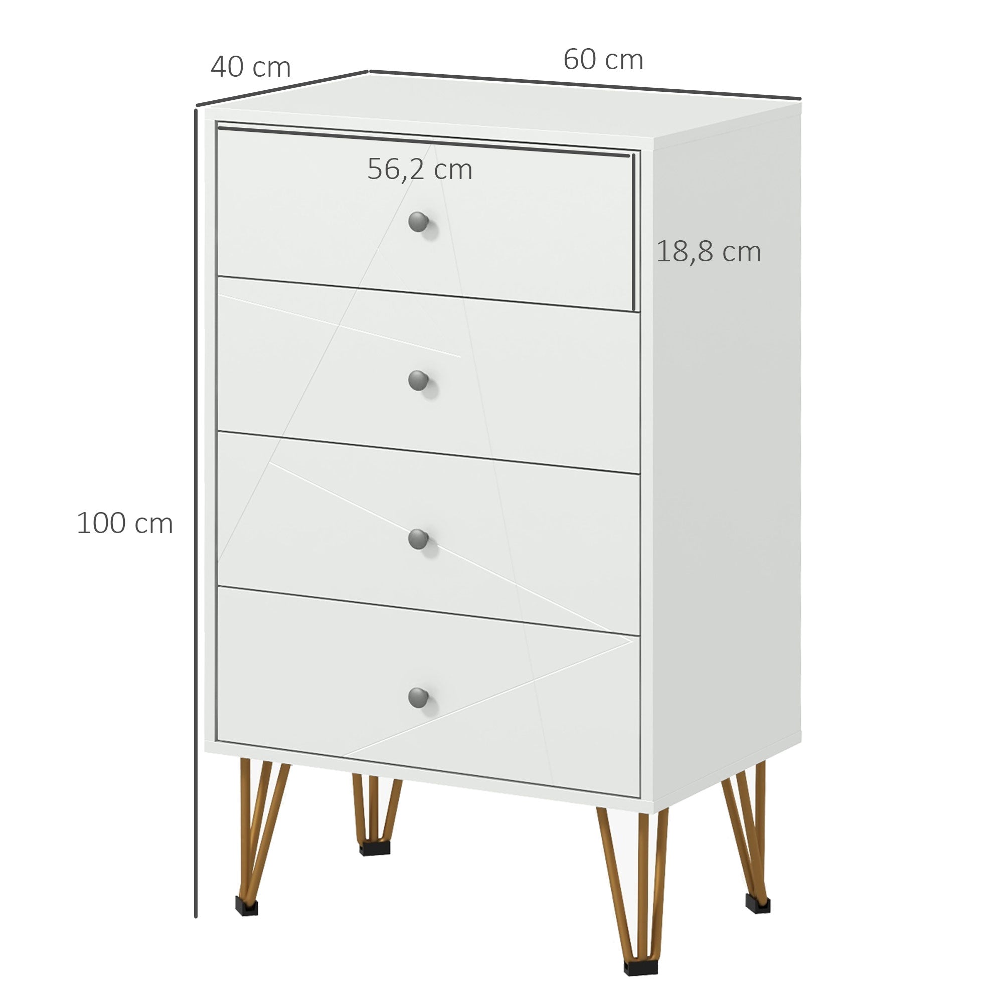 Modern Bedroom Dresser Wooden Dresser with 4 Drawers and Metal Legs Storage Chest for Living Room Office 60x40x100 cm White