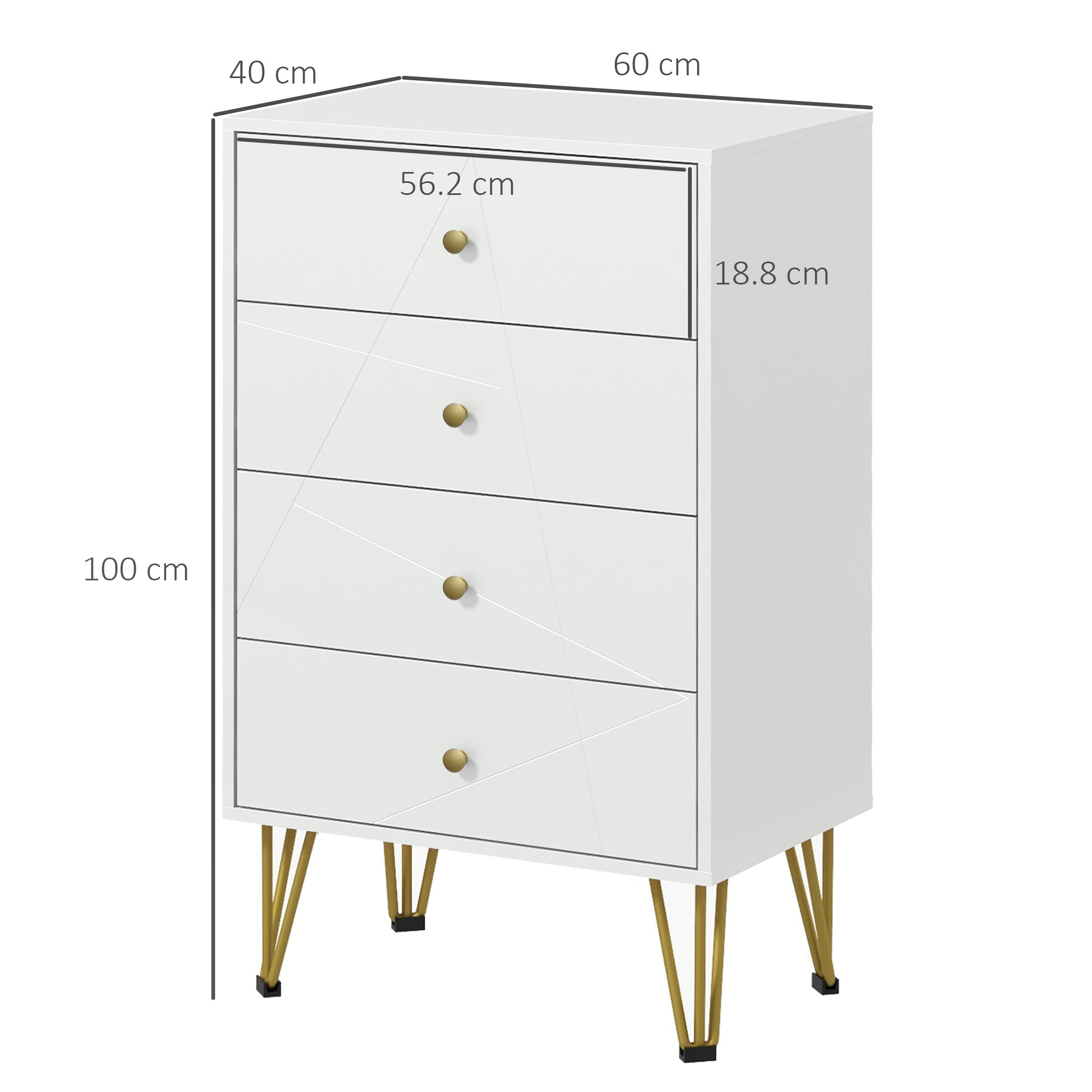 Modern Bedroom Dresser Wooden Dresser with 4 Drawers and Metal Legs Storage Chest for Living Room Office 60x40x100 cm White