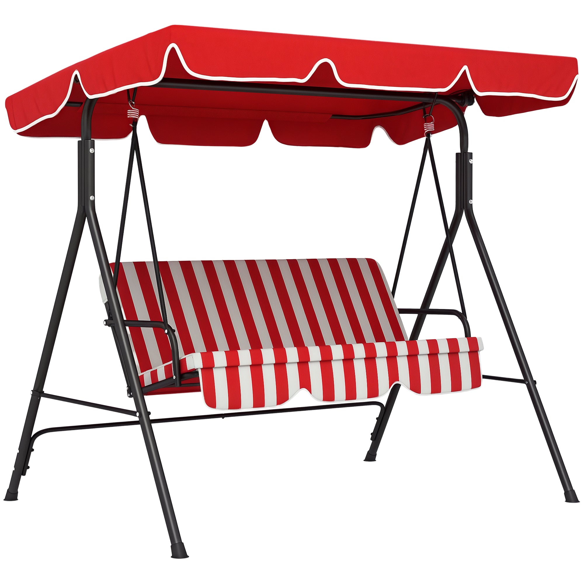 3-Seater Garden Swing with Adjustable Inclination Roof Cushions Seat and Backrest 1.72L x 1.1W x 1.53H m Black Steel Red Polyester