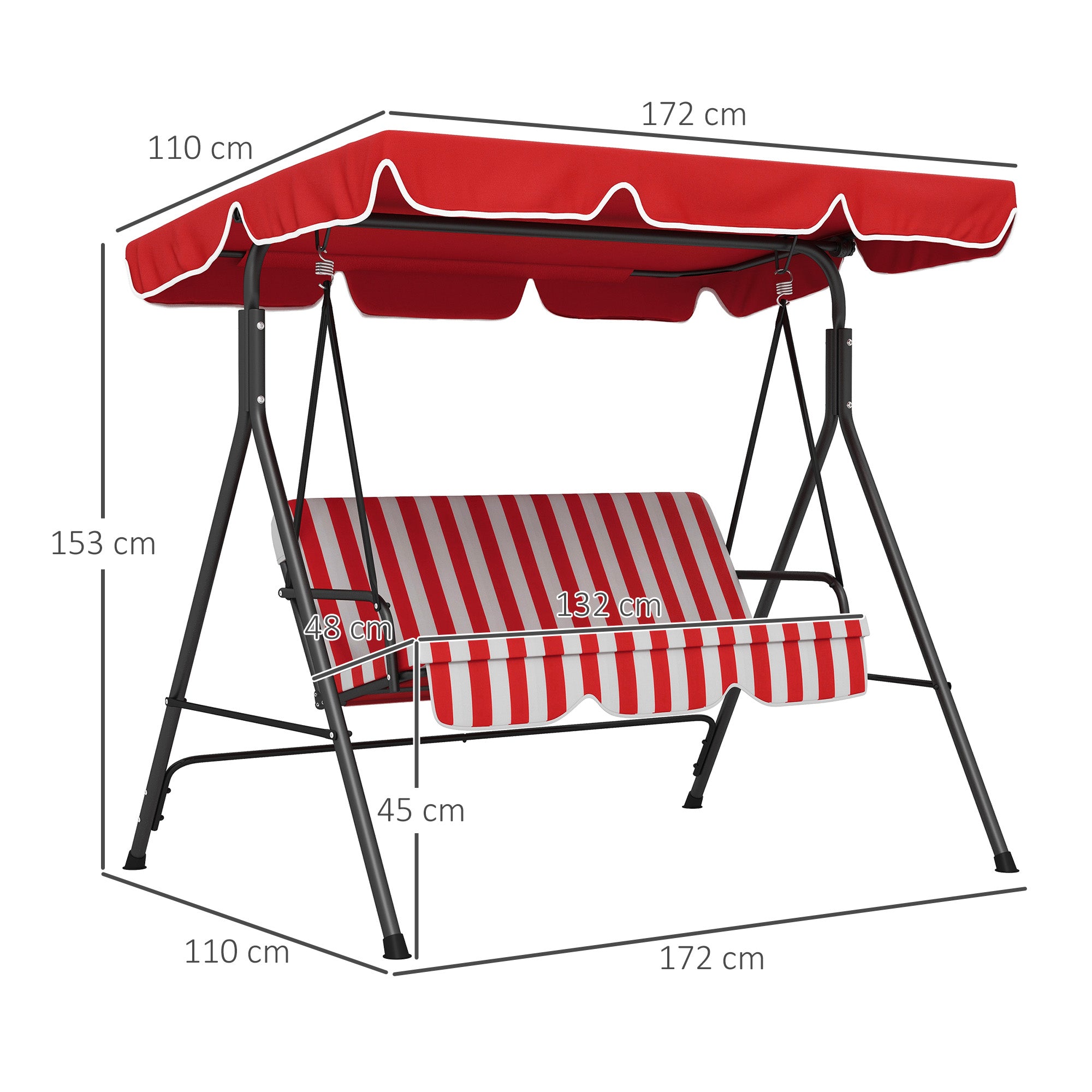 3-Seater Garden Swing with Adjustable Inclination Roof Cushions Seat and Backrest 1.72L x 1.1W x 1.53H m Black Steel Red Polyester
