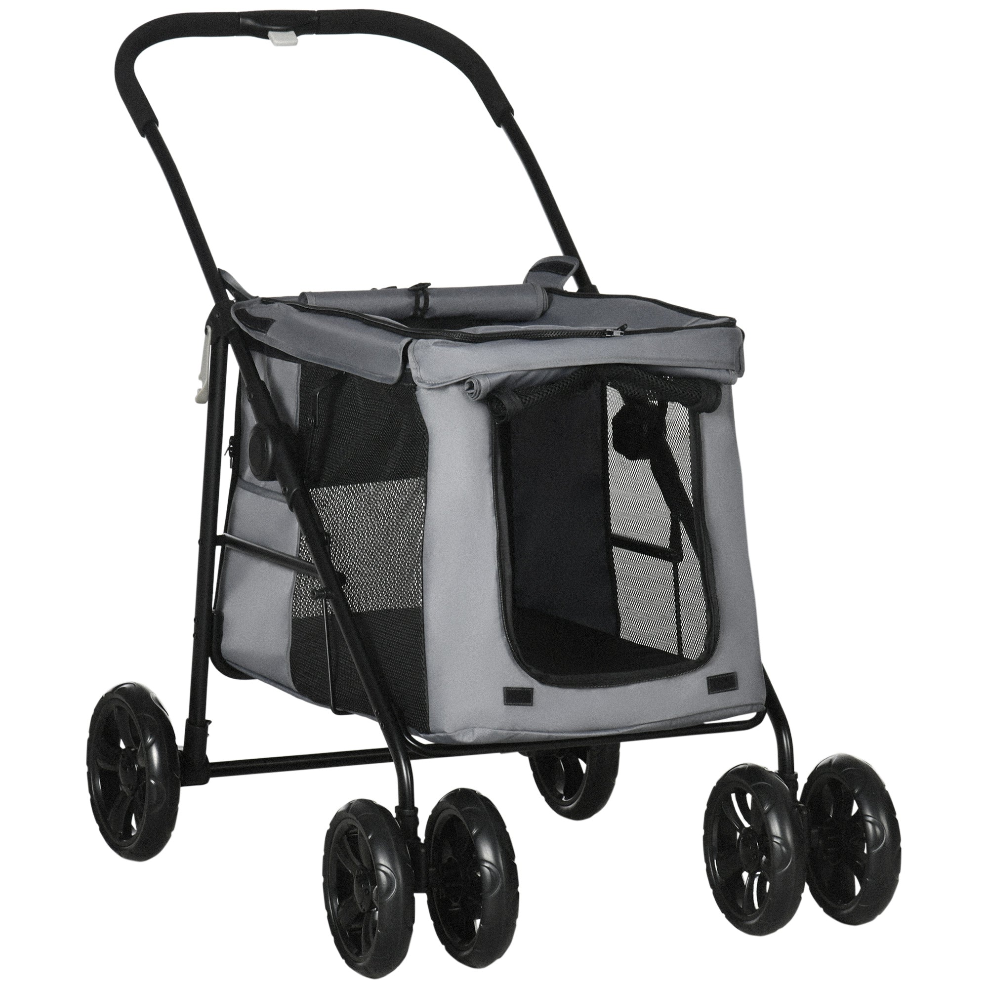Dog Stroller, Foldable Dog Buggy, Dog Trolley with Cushion, Cat Buggy up to 20 kg, Cat Carriage for Small and Medium-Sized Dogs with Side Pockets, Mesh Window, Oxford Fabric, Gray