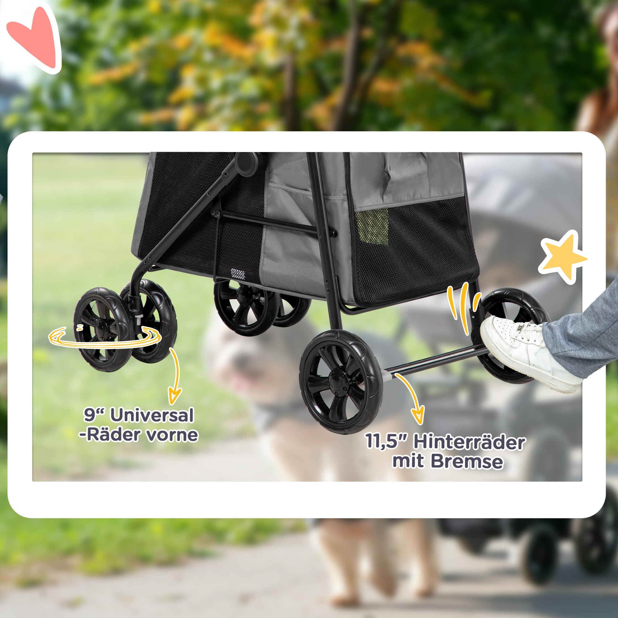 Dog Stroller, Foldable Dog Buggy, Dog Trolley with Cushion, Cat Buggy up to 20 kg, Cat Carriage for Small and Medium-Sized Dogs with Side Pockets, Mesh Window, Oxford Fabric, Gray