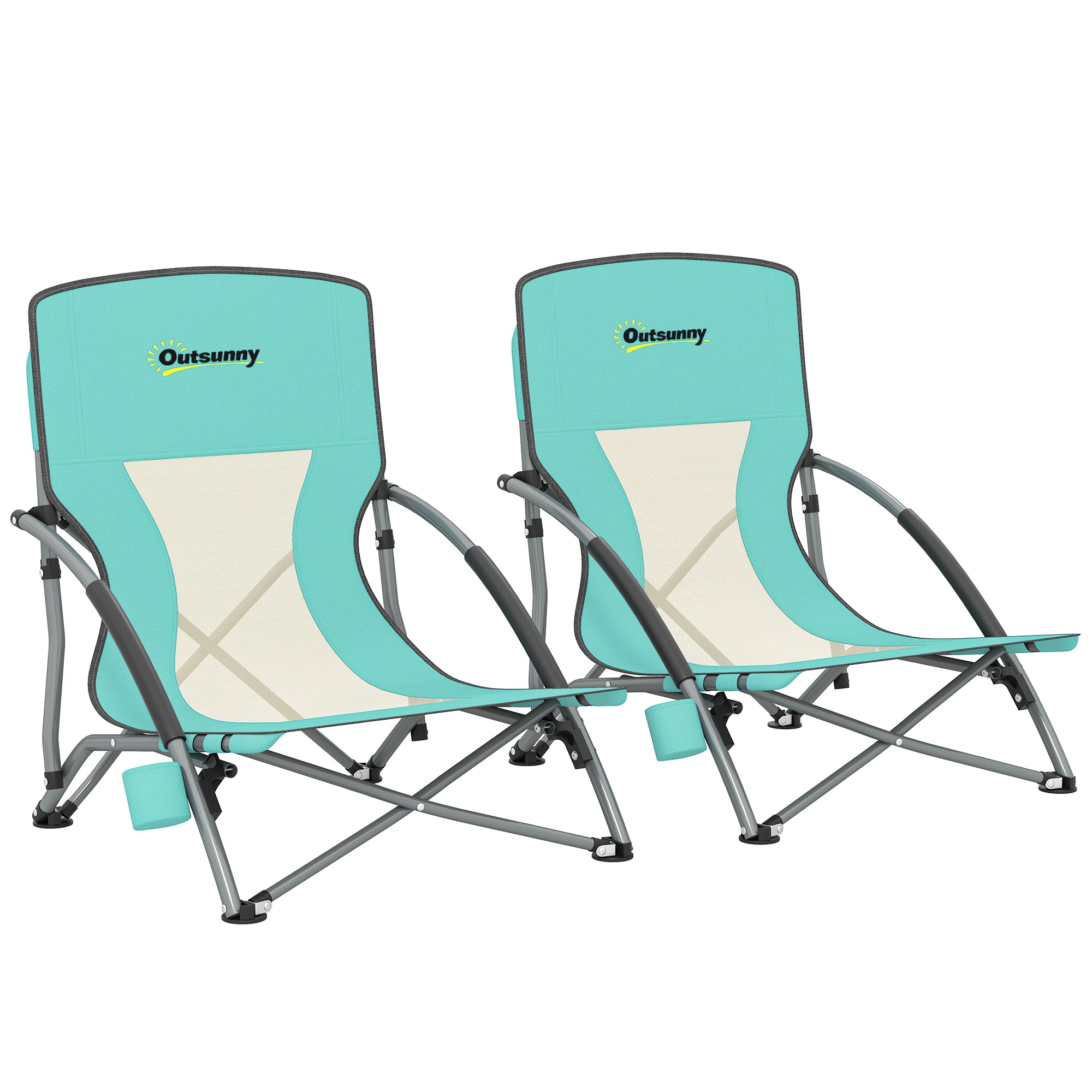 Pack of 2 Lightweight Folding Beach Chairs Portable Low Camping Chairs with Mesh Backrest Cup Holder Armrests and Carry Bag for Camping Garden Fishing Load 120 kg Blue