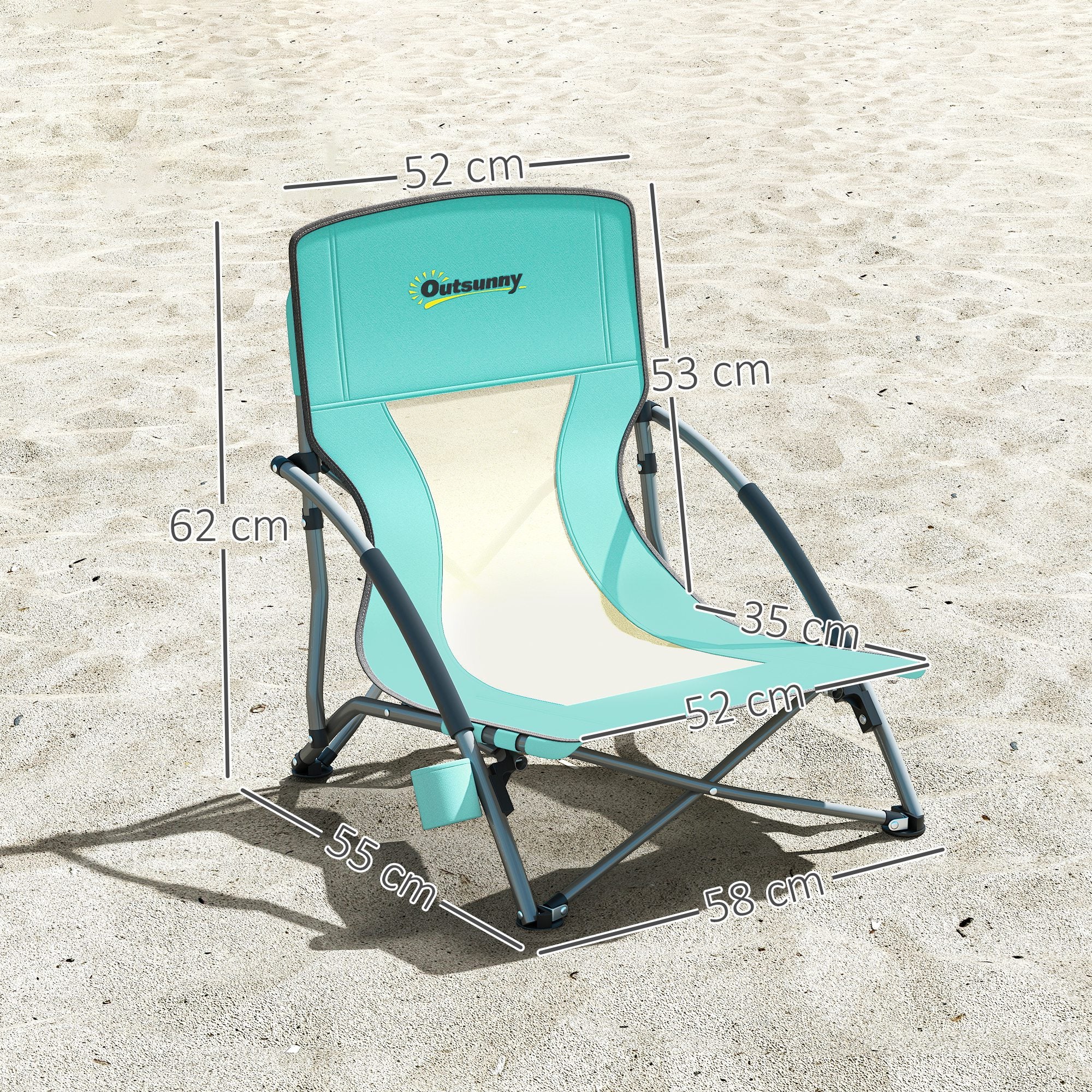 Pack of 2 Lightweight Folding Beach Chairs Portable Low Camping Chairs with Mesh Backrest Cup Holder Armrests and Carry Bag for Camping Garden Fishing Load 120 kg Blue