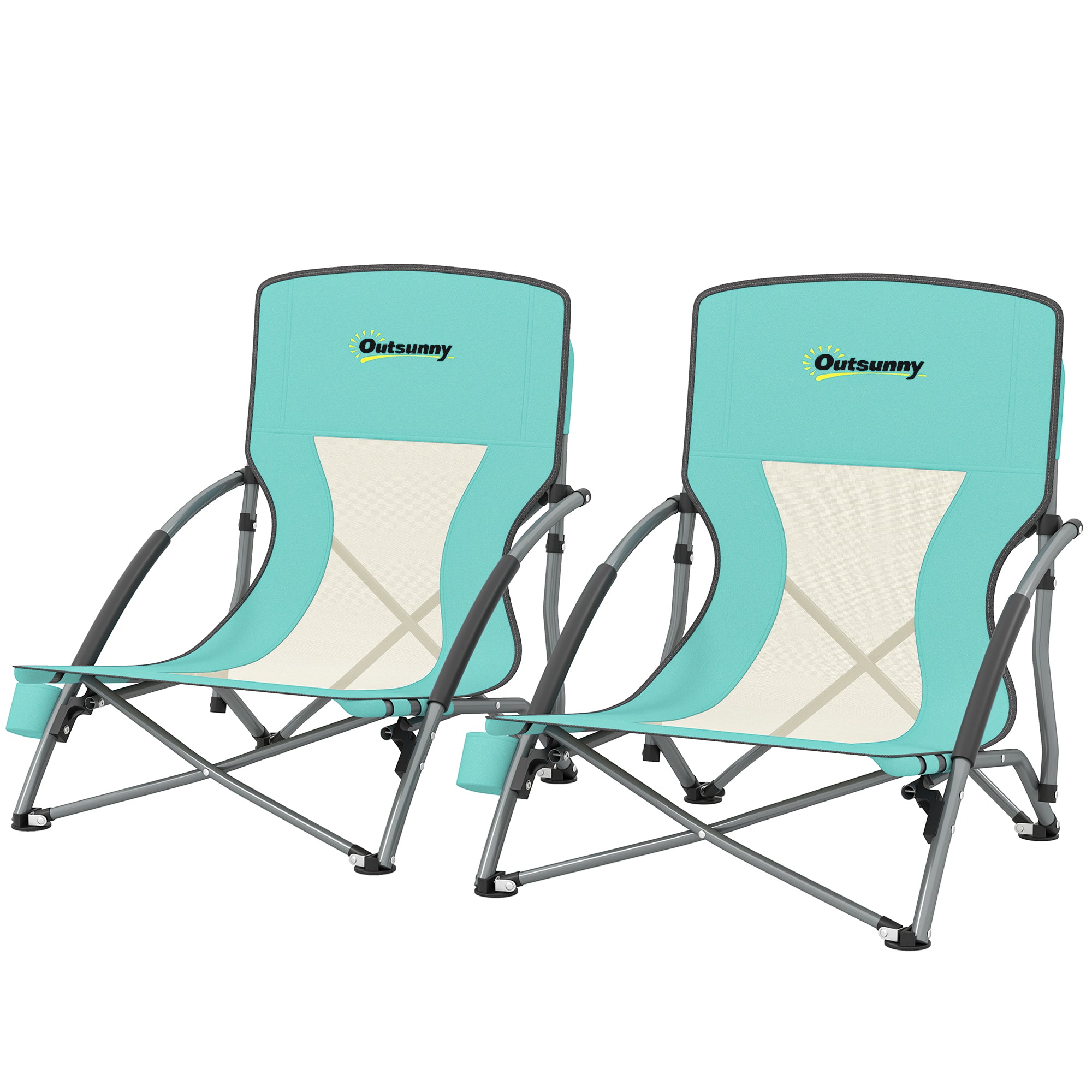 Pack of 2 Lightweight Folding Beach Chairs Portable Low Camping Chairs with Mesh Backrest Cup Holder Armrests and Carry Bag for Camping Garden Fishing Load 120 kg Blue