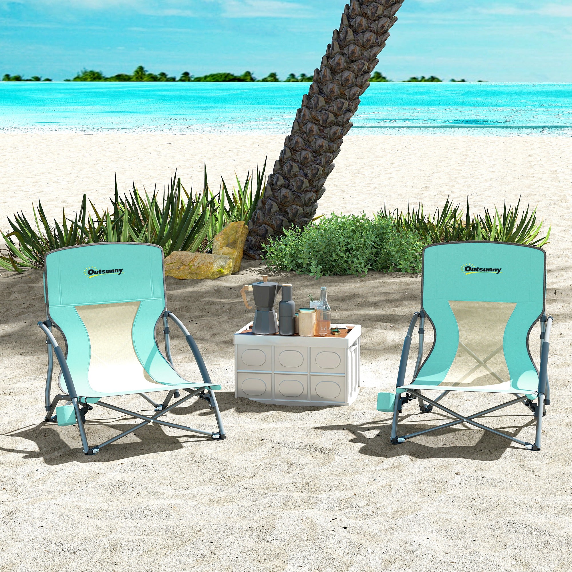 Pack of 2 Lightweight Folding Beach Chairs Portable Low Camping Chairs with Mesh Backrest Cup Holder Armrests and Carry Bag for Camping Garden Fishing Load 120 kg Blue