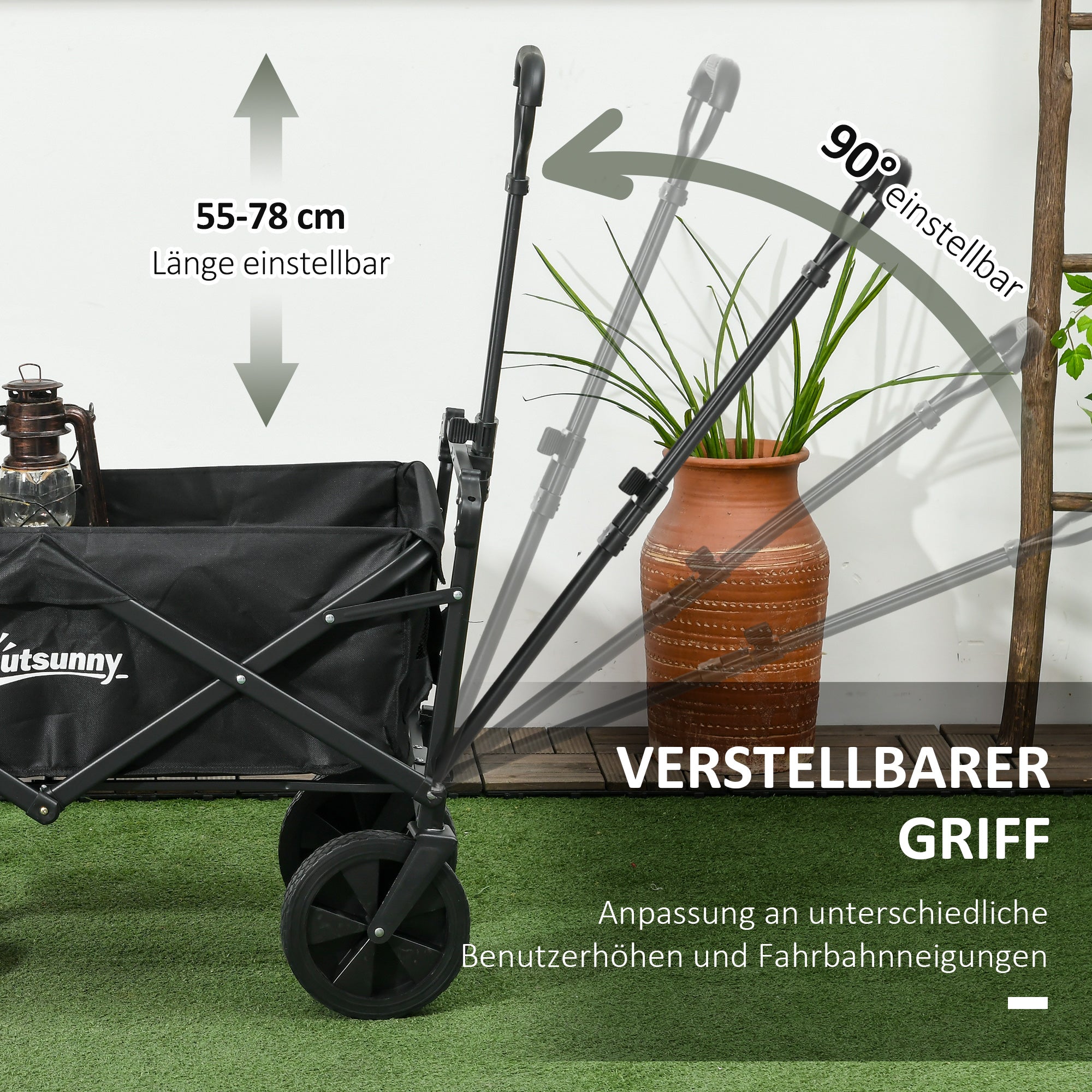 Folding Wagon with Sun Canopy, Handle, Carry Bag, up to 100 kg Load Capacity, Oxford, Black