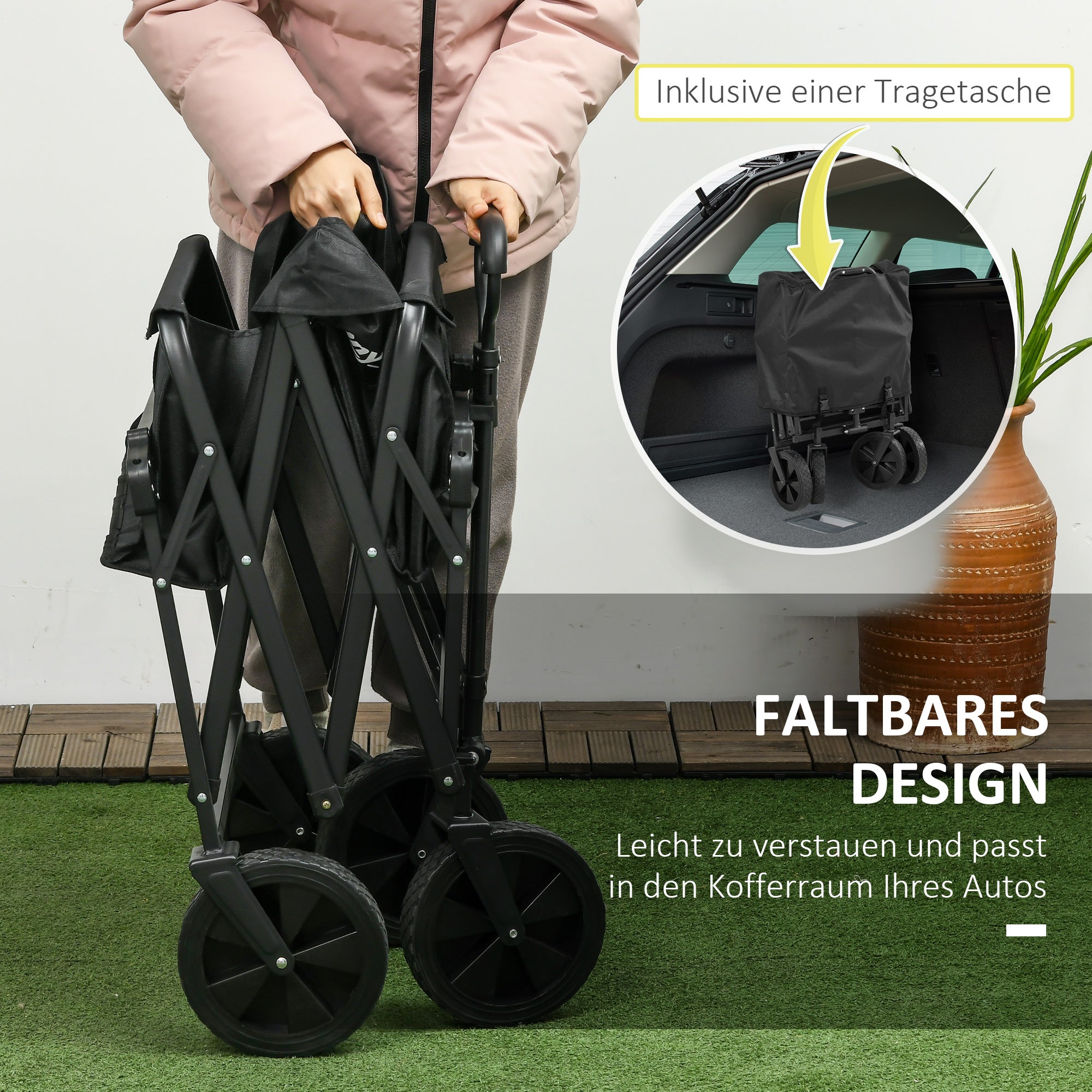 Folding Wagon with Sun Canopy, Handle, Carry Bag, up to 100 kg Load Capacity, Oxford, Black