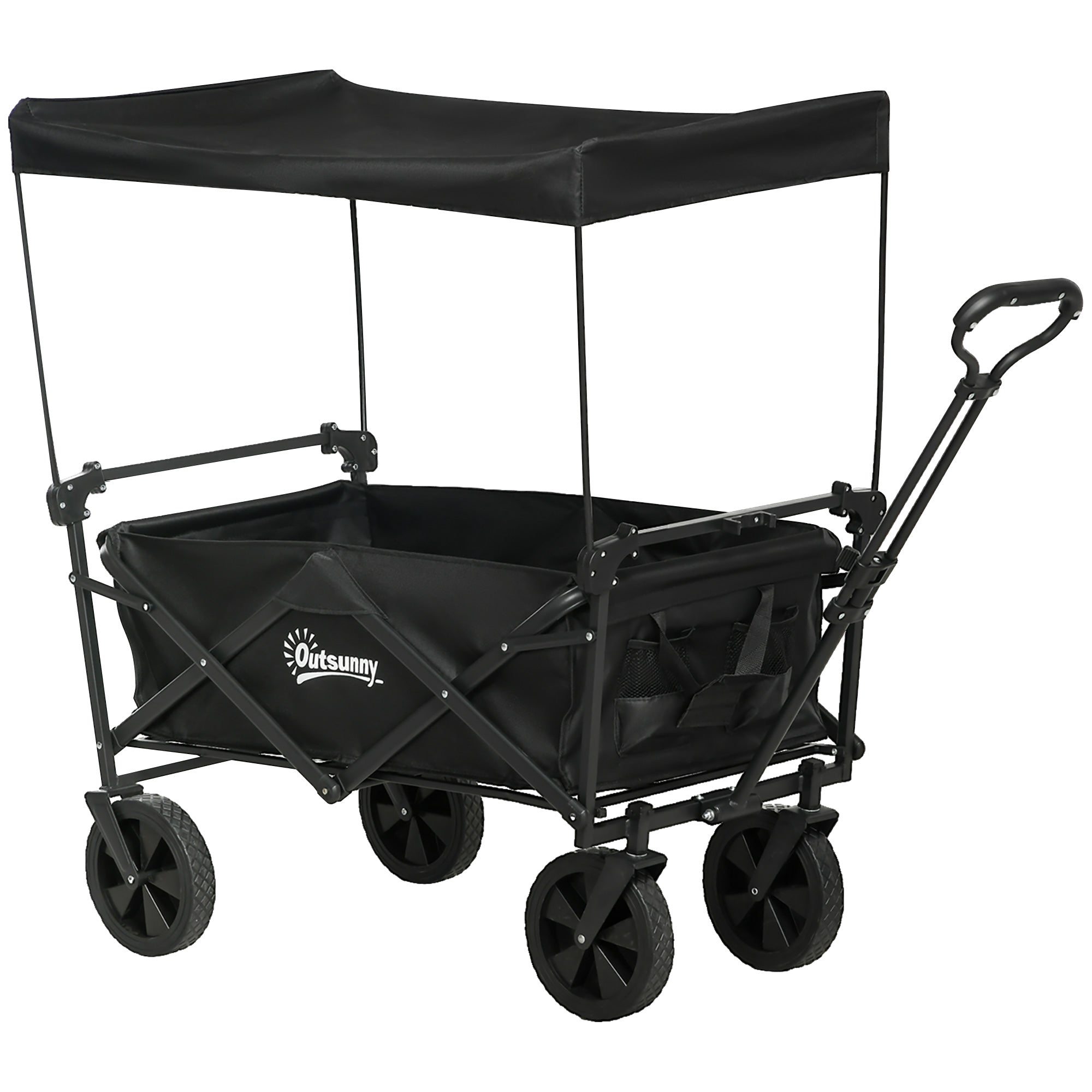 Folding Wagon with Sun Canopy, Handle, Carry Bag, up to 100 kg Load Capacity, Oxford, Black