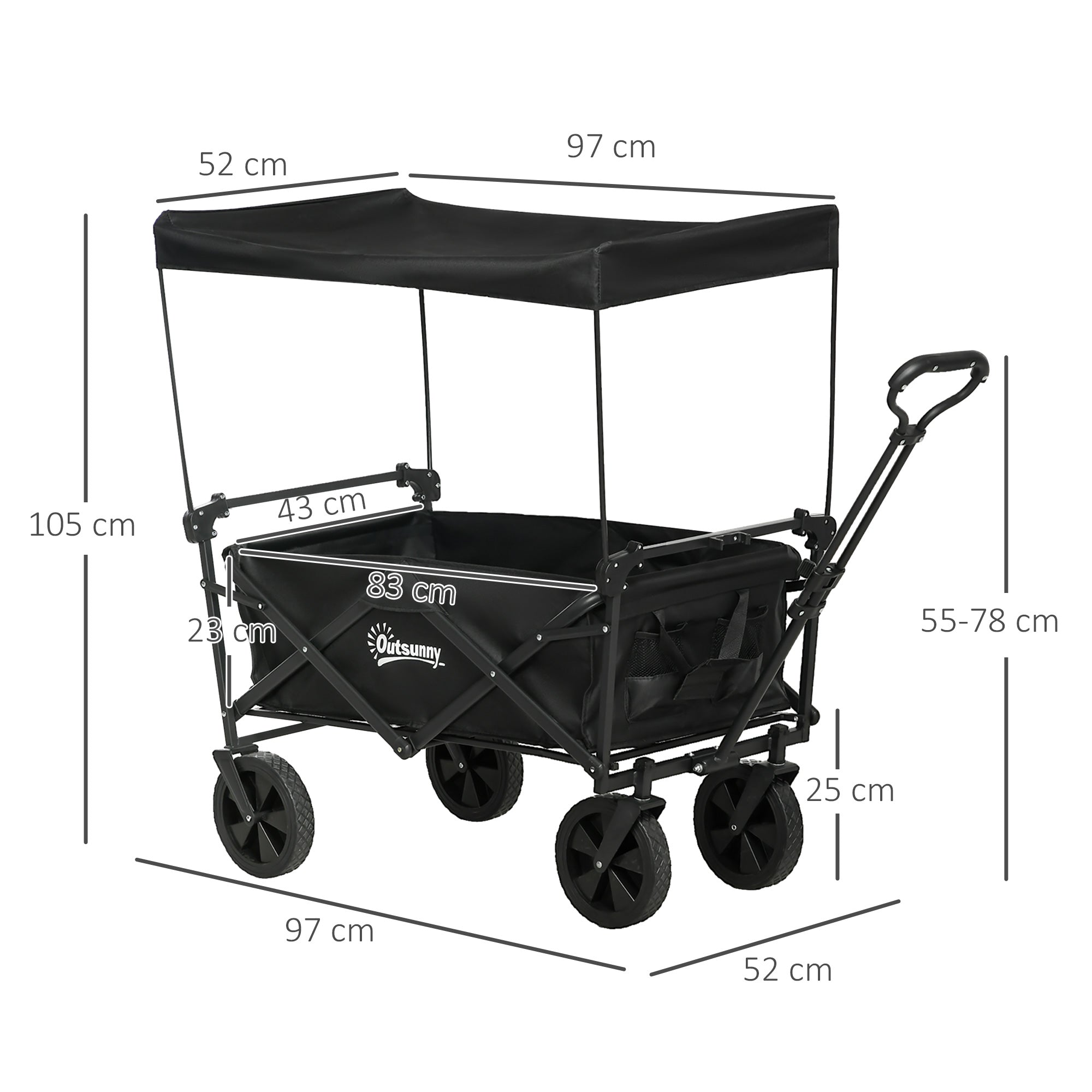 Folding Wagon with Sun Canopy, Handle, Carry Bag, up to 100 kg Load Capacity, Oxford, Black