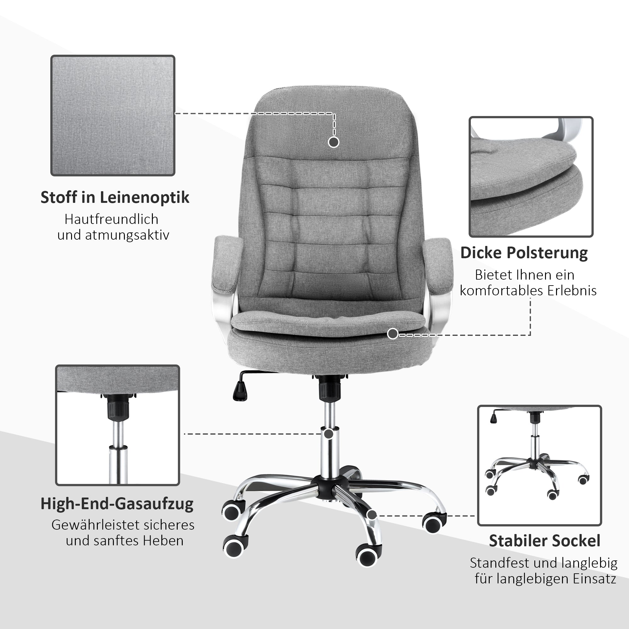 Office Chair Work Chair Desk Chair Swivel Chair 360° Ergonomic Rocking Function Height Adjustable Grey Linen 64 x 75 x 111-121 cm