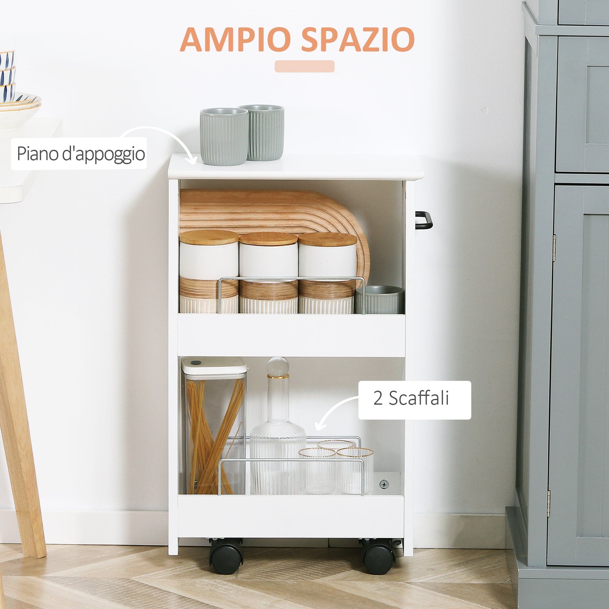 Space-Saving Kitchen Cart, Design Bathroom Cart, Multipurpose, Space-Saving, MDF Wood Shelf, Swivel Wheels and Handle, 42.5x20.3x66.7cm, White