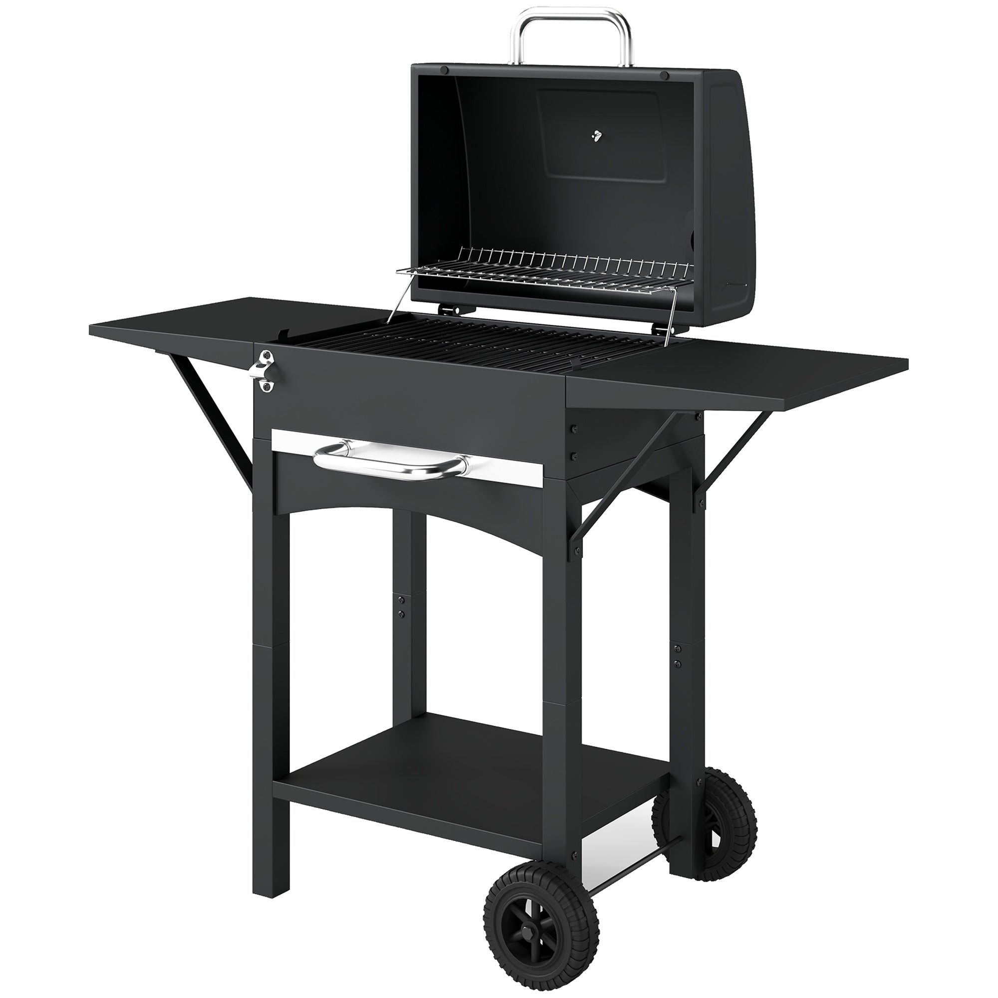 Charcoal Grill with Lid — BBQ Smoker Cart with 2 Side Tables, Large Cooking Area, Thermometer & Wheels, 43.3 x 18.3 x 39.8 in (Black)