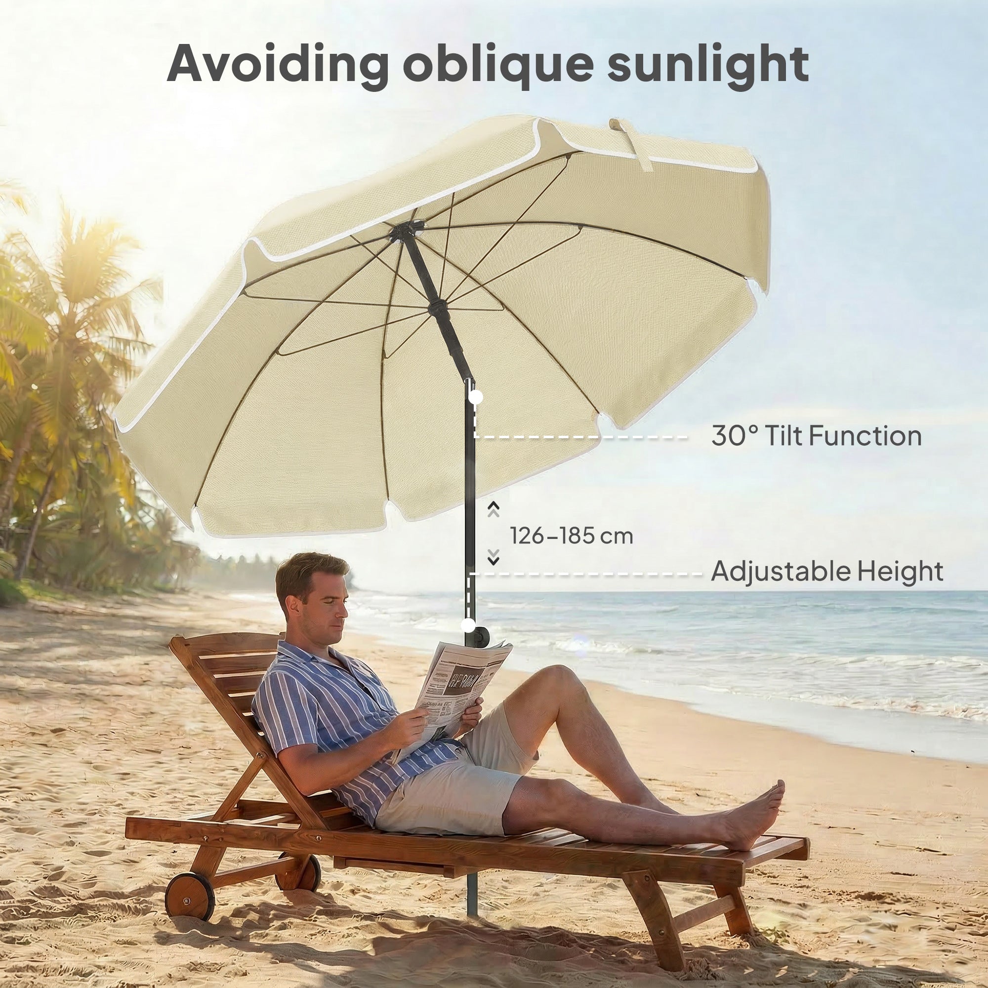 Beach Umbrella Ø150 cm (59") – Sand Anchor, Adjustable Tilt & Height, Water-Resistant, Portable – Beige