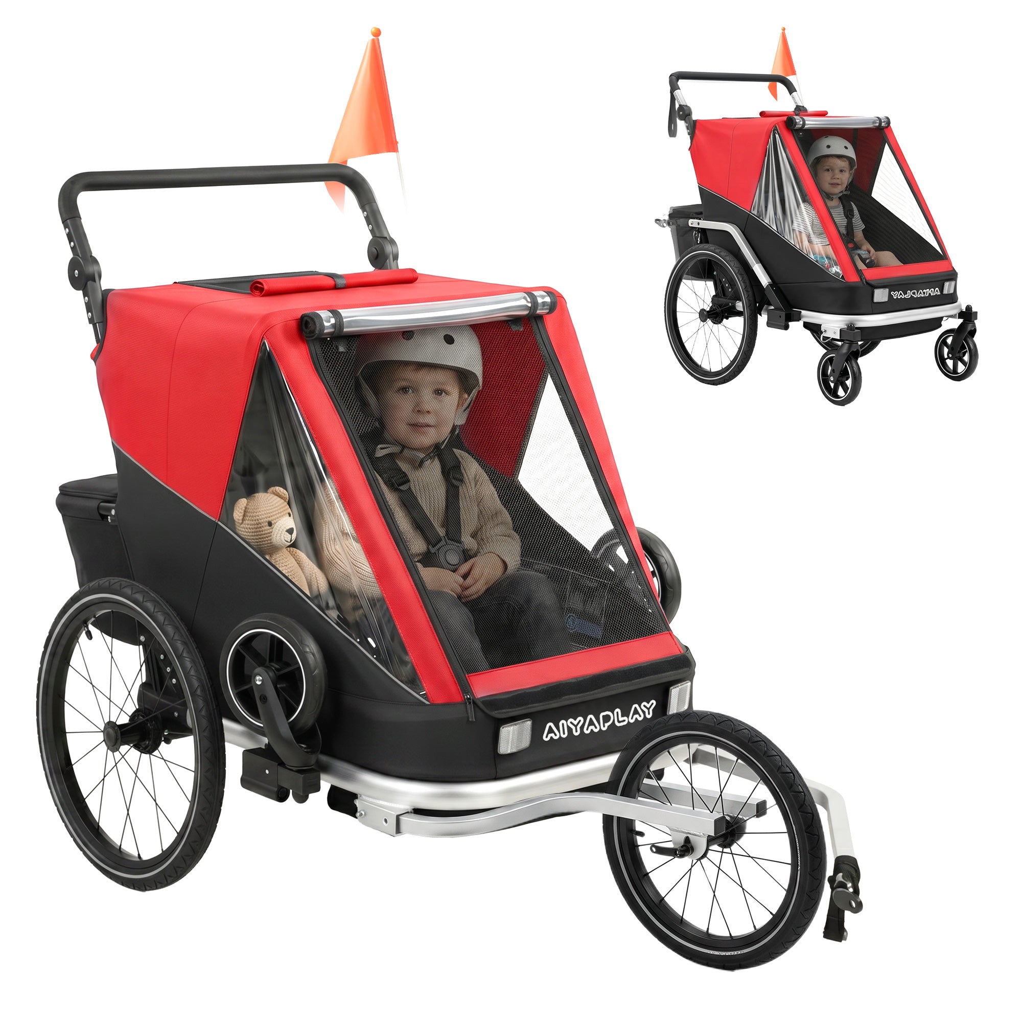 2-in-1 Bike Trailer & Stroller, 2-Seater Foldable Child Bike Trailer with 5-Point Harness and Safety Flag — for Children from 12 Months, Max 18 kg (39.7 lb)