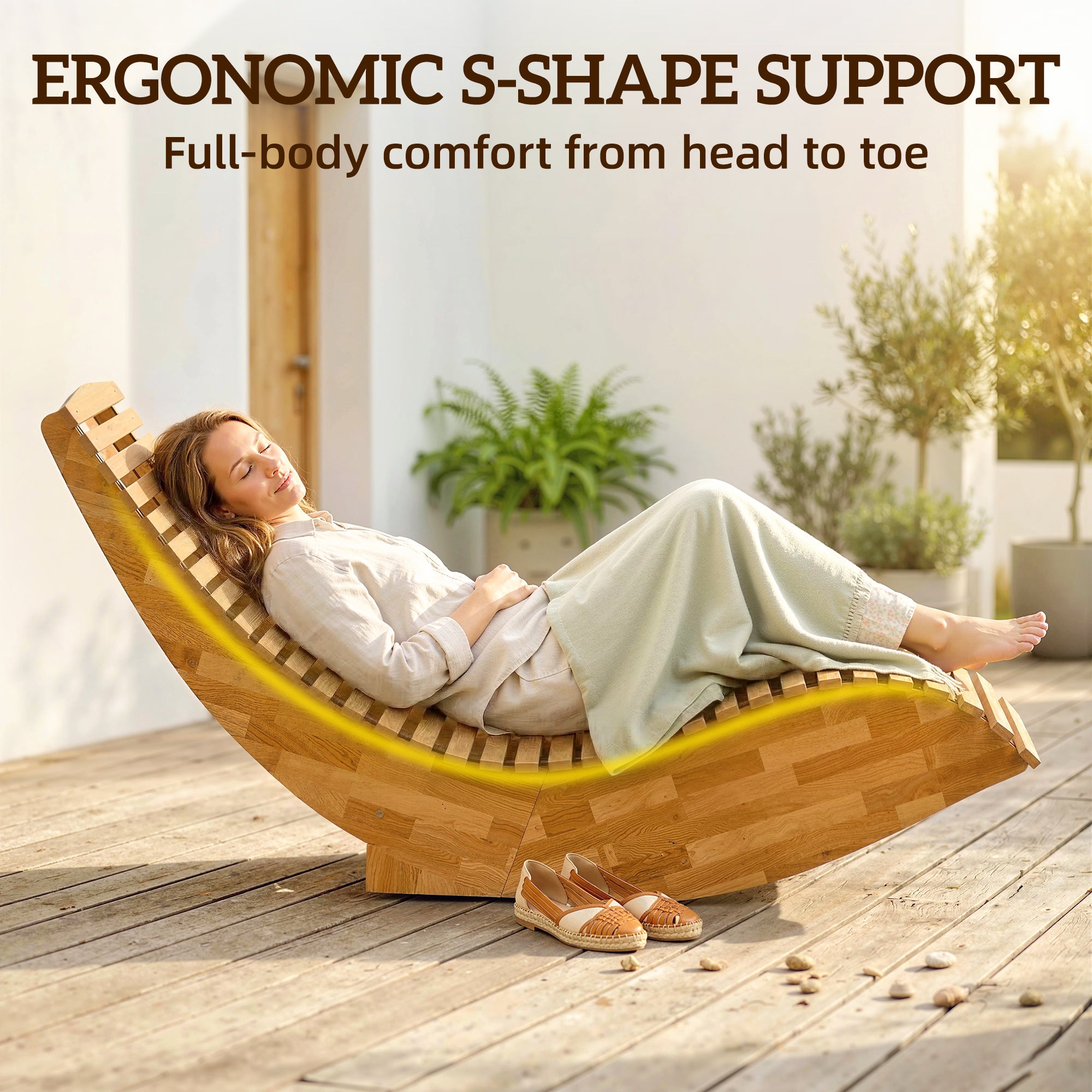 Folding Acacia Wood Sun Lounger — Ergonomic S-Shape Slatted Design, Folding Outdoor Rocking Daybed for Garden, Balcony & Patio, Up to 265 lb (60 x 156 x 77 cm / 23.6 x 61.4 x 30.3 in)