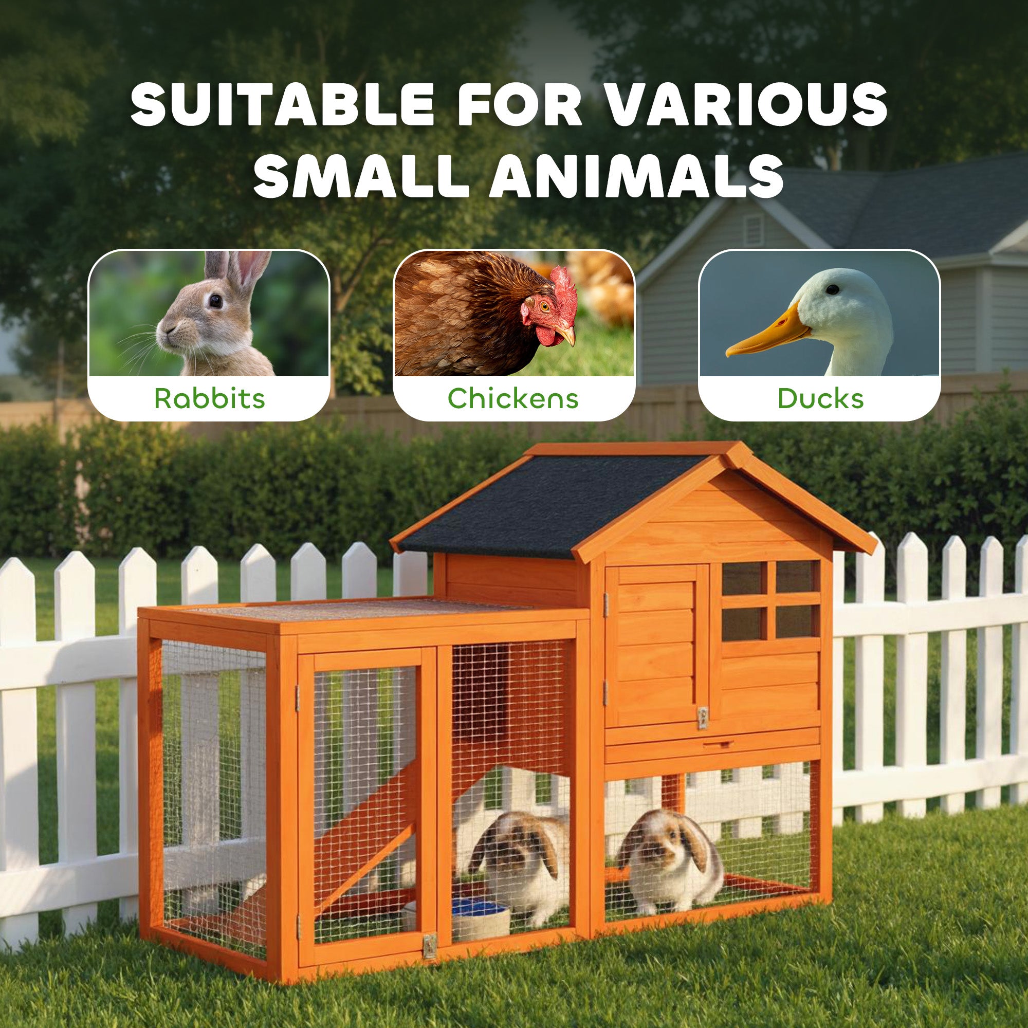 2-Story Wooden Rabbit Hutch, 48.6 x 24.6 x 36.4 in, Waterproof Bitumen Roof, Run with Ramp & Doors – Orange