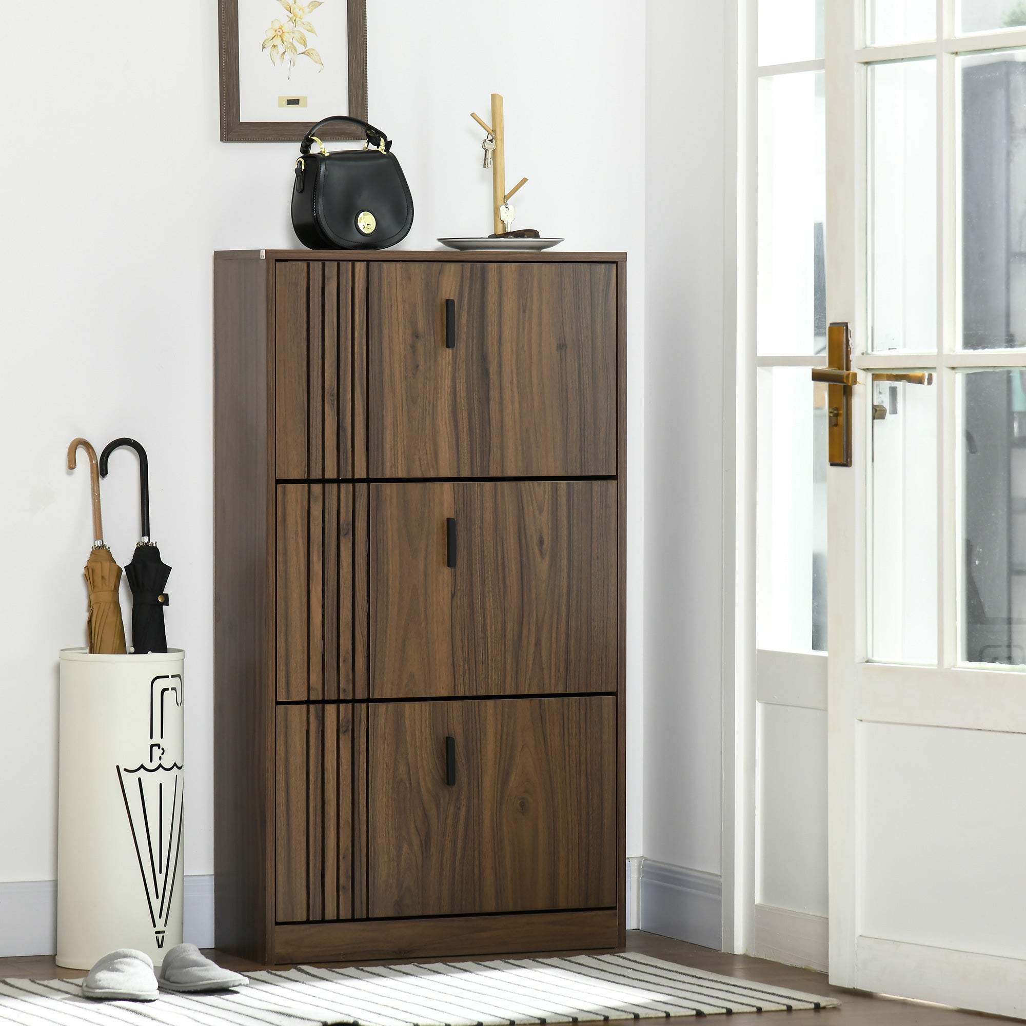 3-Flap Shoe Cabinet, 18 Pairs, Shoe Cabinet 3 Compartments, Large Capacity for Entryway, Hallway, Living Room, 63 x 24 x 117 cm, Dark Walnut