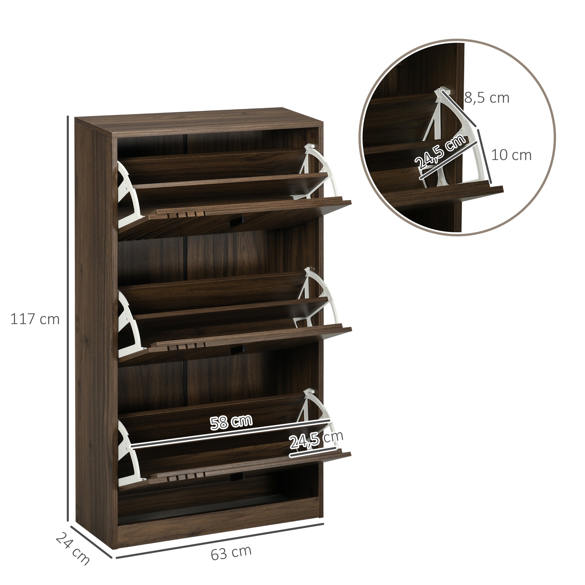 3-Flap Shoe Cabinet, 18 Pairs, Shoe Cabinet 3 Compartments, Large Capacity for Entryway, Hallway, Living Room, 63 x 24 x 117 cm, Dark Walnut