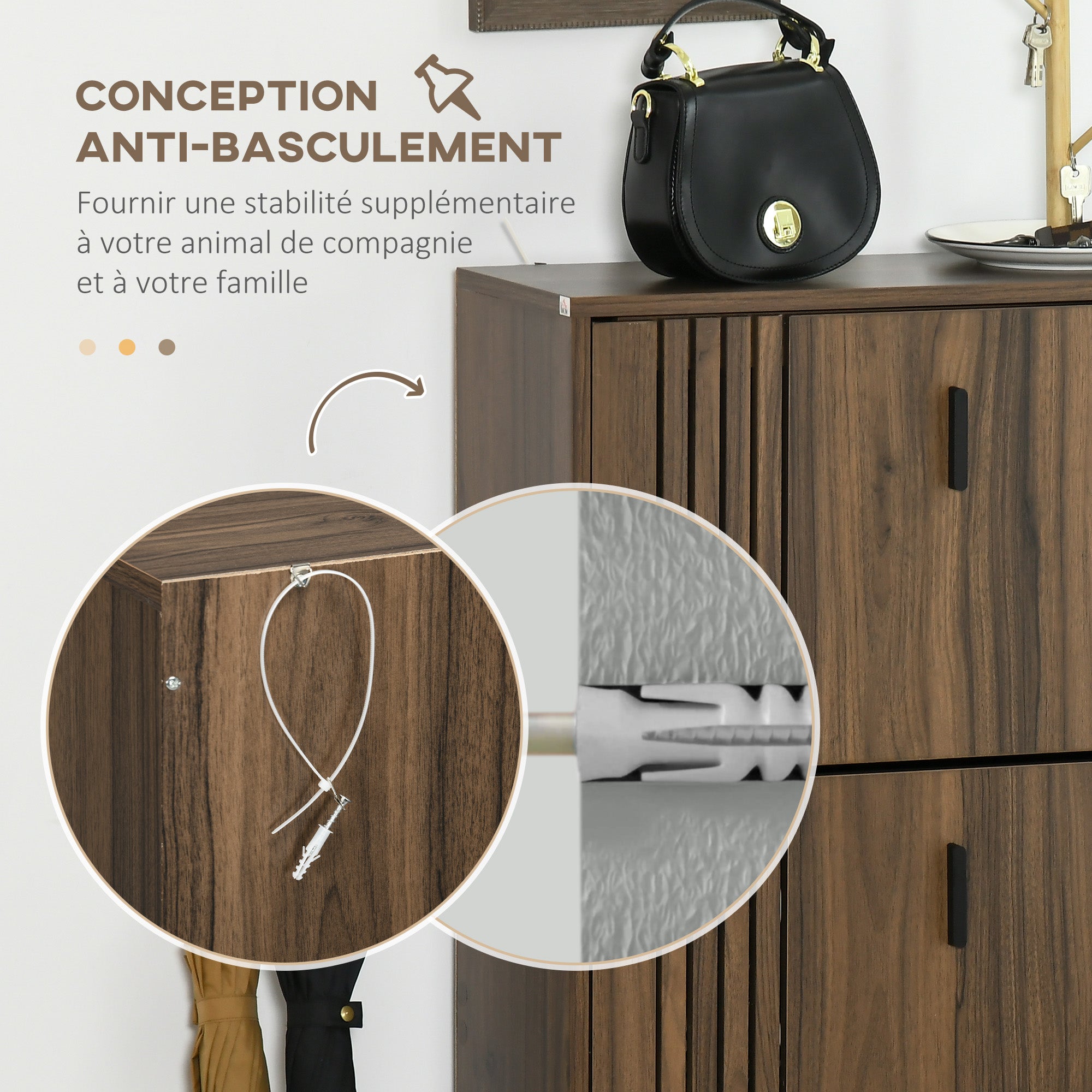 3-Flap Shoe Cabinet, 18 Pairs, Shoe Cabinet 3 Compartments, Large Capacity for Entryway, Hallway, Living Room, 63 x 24 x 117 cm, Dark Walnut