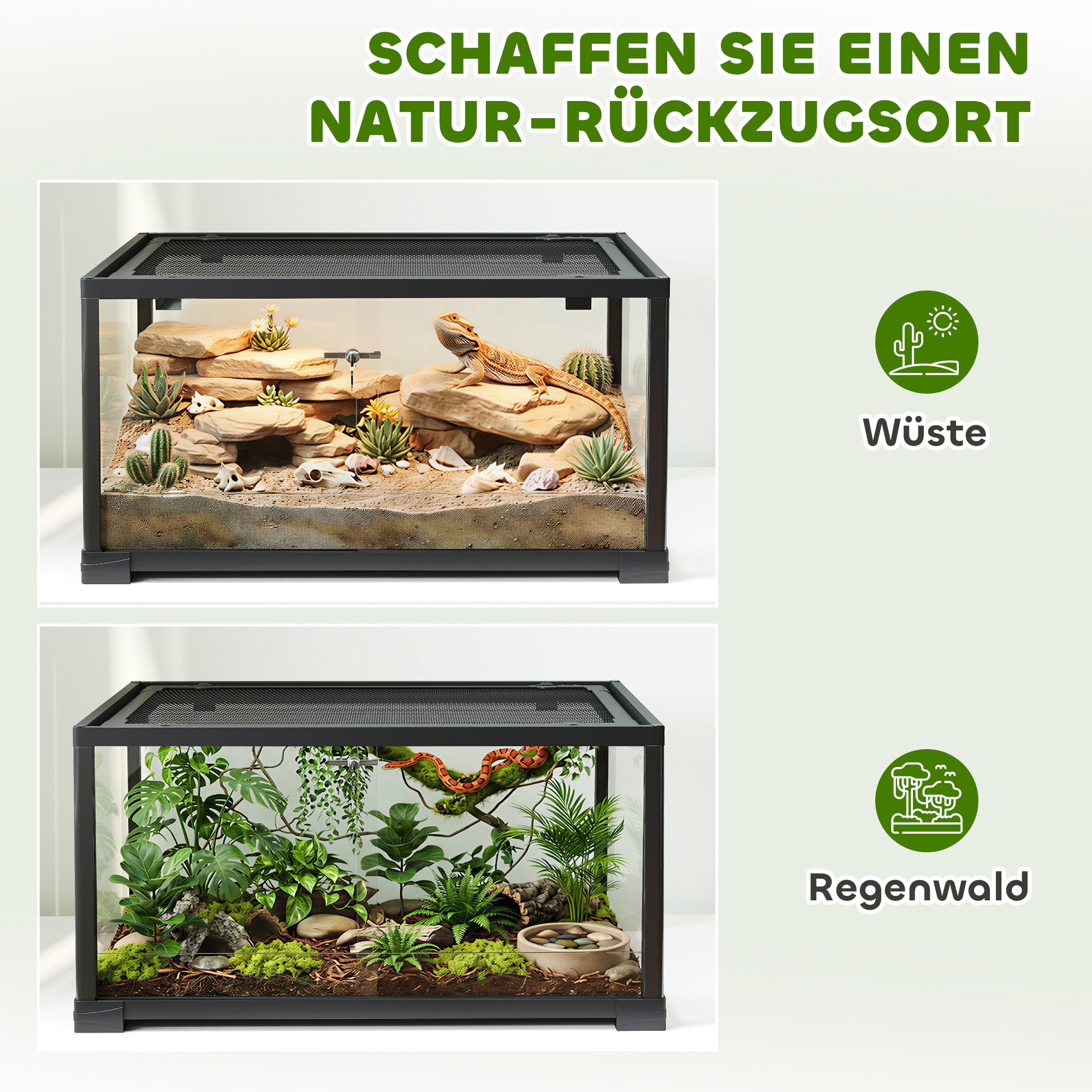 Glass Reptile Terrarium, Escape-Proof Sliding Door with Dual Lock, Black – 60 x 45 x 32 cm (86.3 L)