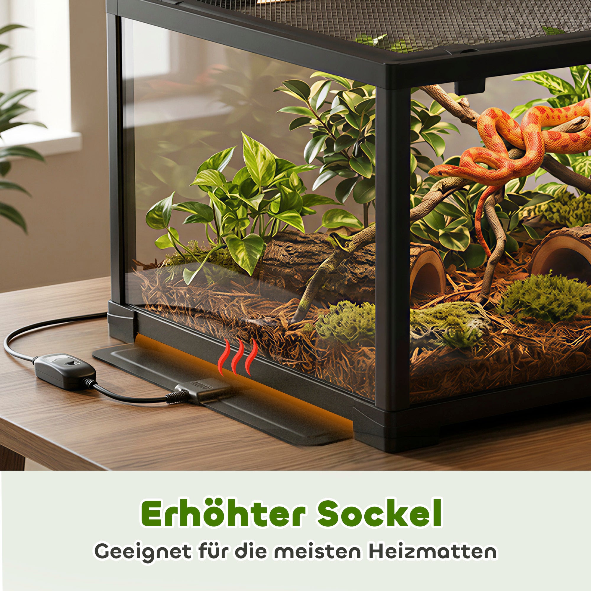 Glass Reptile Terrarium, Escape-Proof Sliding Door with Dual Lock, Black – 60 x 45 x 32 cm (86.3 L)