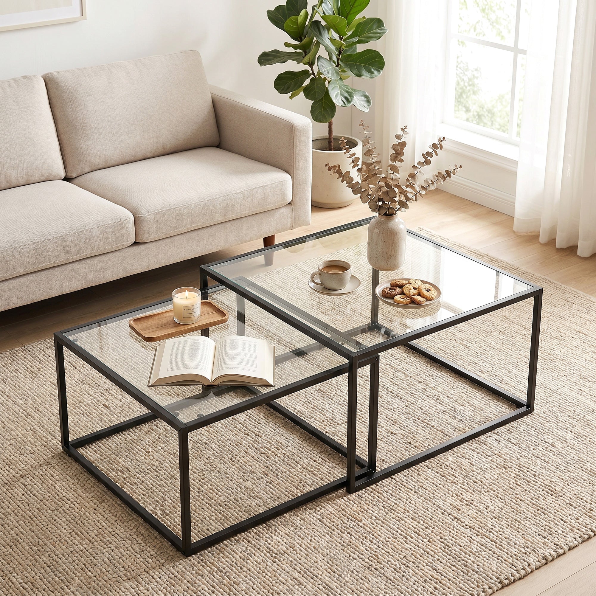 2-Piece Square Nesting Coffee Tables with Tempered Glass Tops & Metal Frame, Space-Saving Black — Large: 29.5 x 29.5 x 16.5 in; Small: 25.6 x 25.6 x 14.2 in