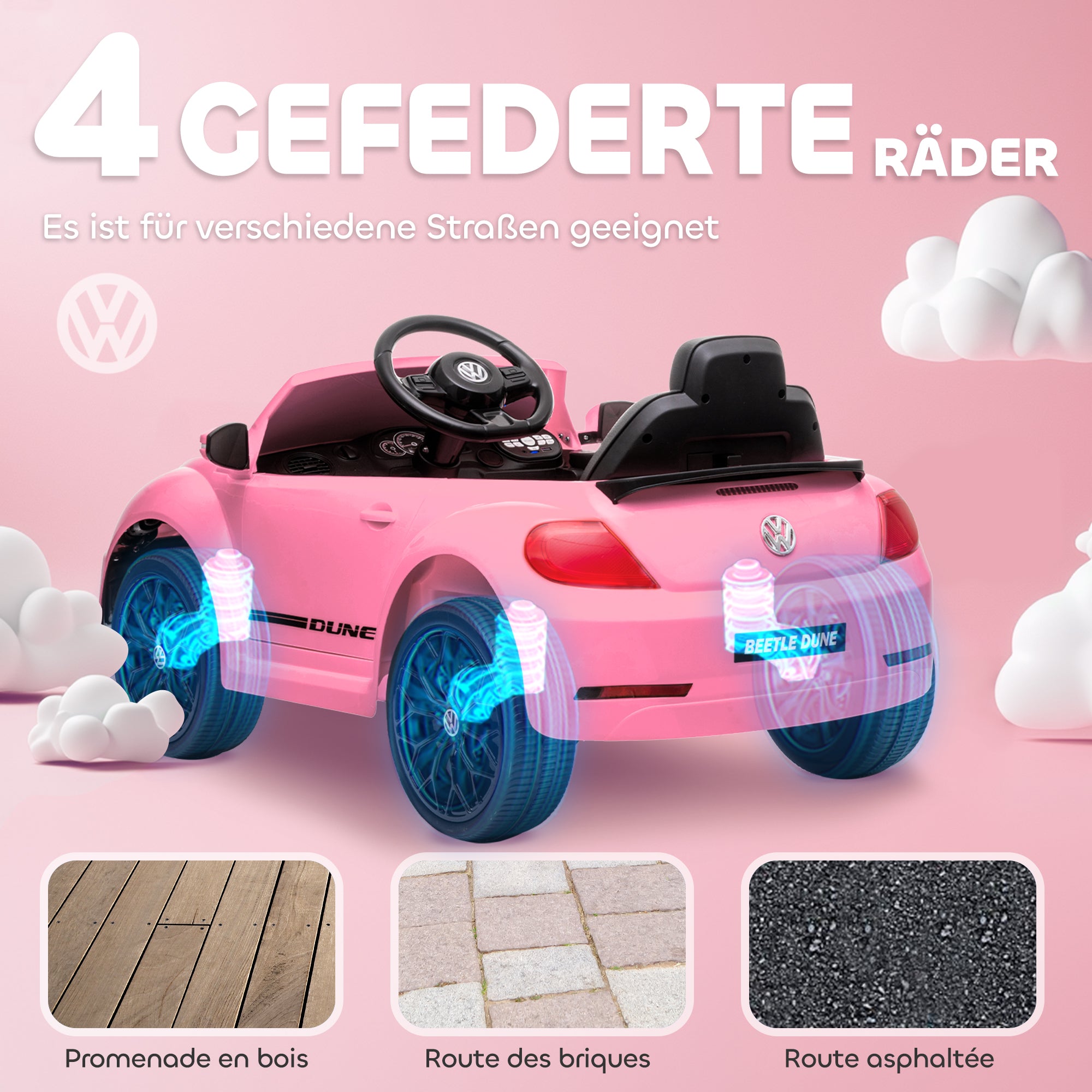 Kids Electric Car 12V Volkswagen Beetle Kids Car with 2.4G Remote Control, Music, Horn, Electric Vehicle with LED Lights, USB/MP3 Connection, 3-5 km/h, for Kids 3-5 Years, Pink