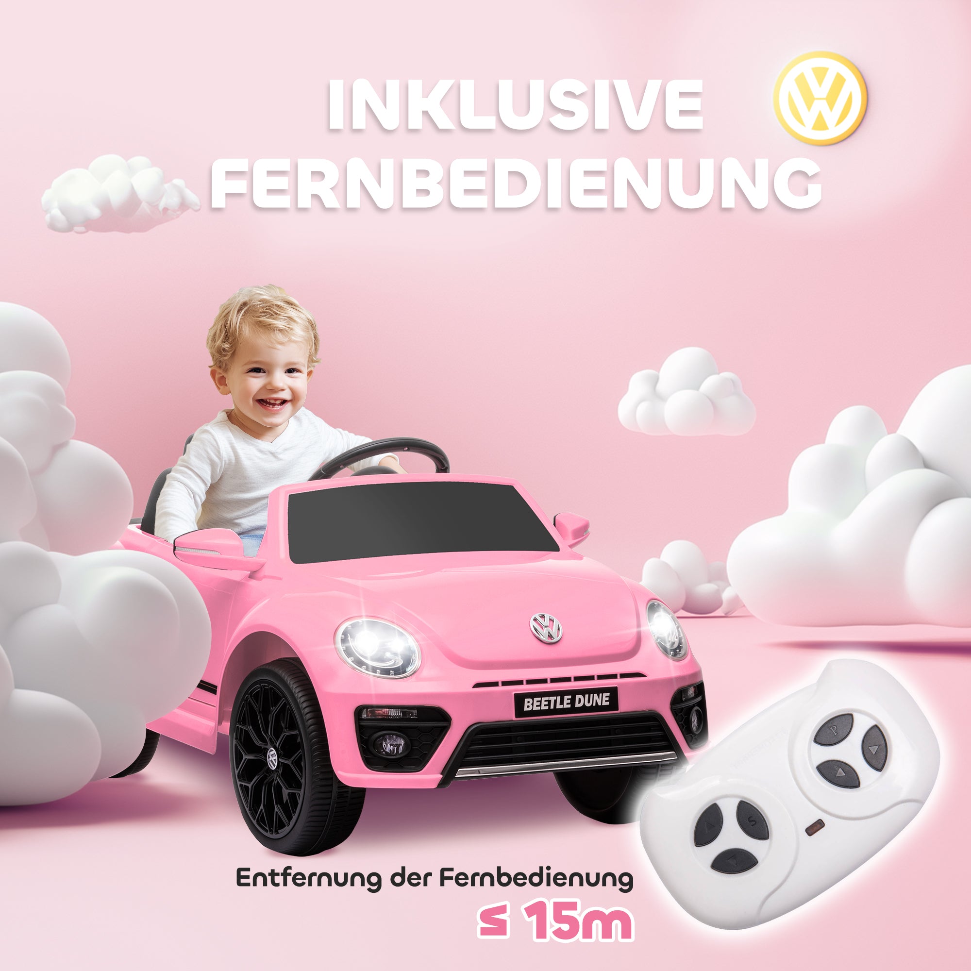 Kids Electric Car 12V Volkswagen Beetle Kids Car with 2.4G Remote Control, Music, Horn, Electric Vehicle with LED Lights, USB/MP3 Connection, 3-5 km/h, for Kids 3-5 Years, Pink