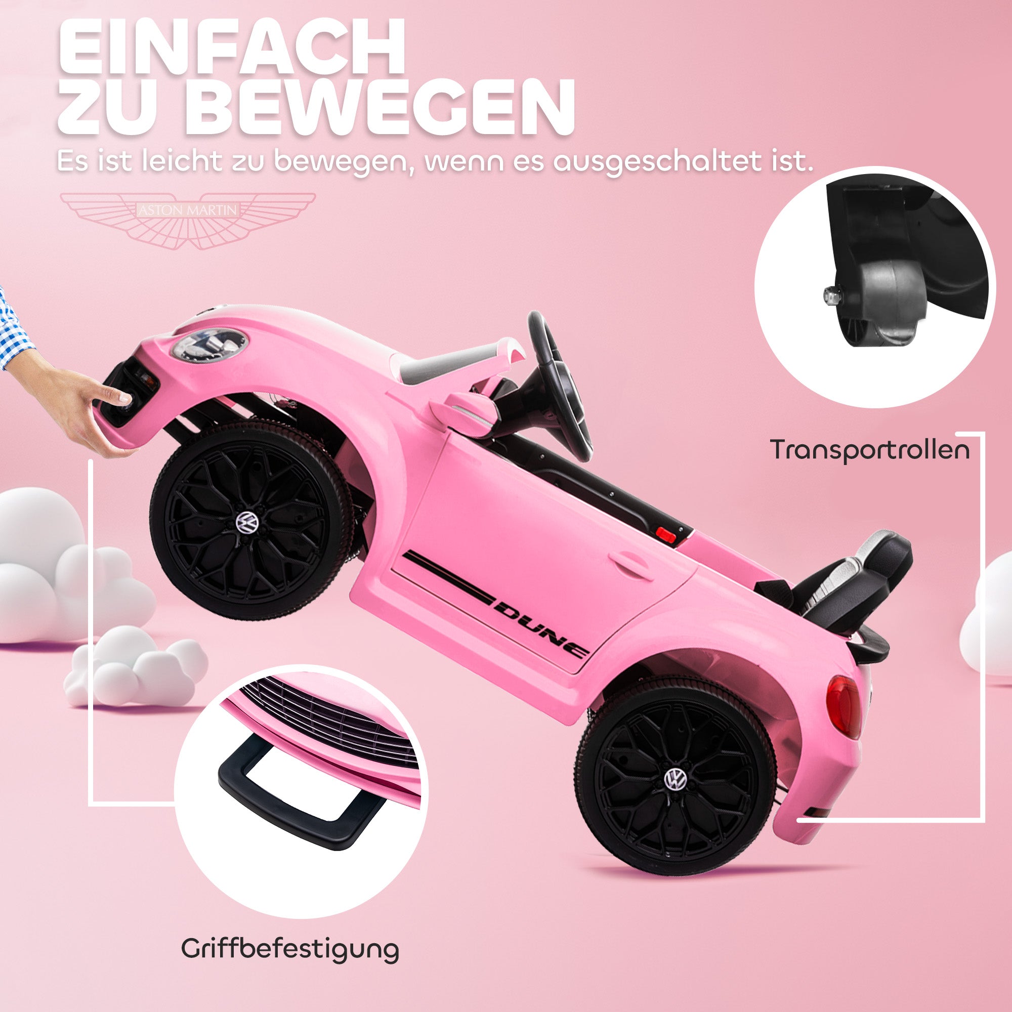 Kids Electric Car 12V Volkswagen Beetle Kids Car with 2.4G Remote Control, Music, Horn, Electric Vehicle with LED Lights, USB/MP3 Connection, 3-5 km/h, for Kids 3-5 Years, Pink