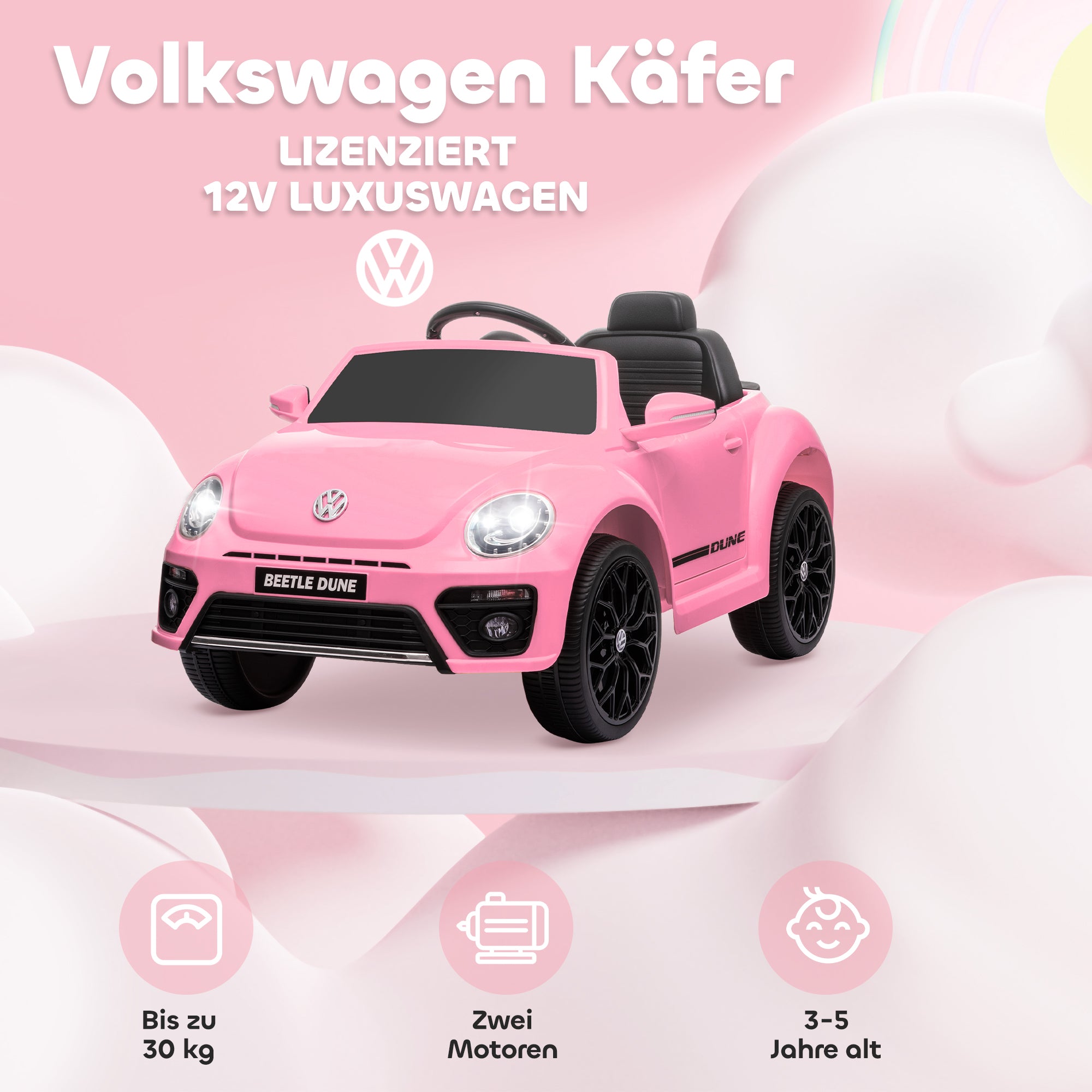 Kids Electric Car 12V Volkswagen Beetle Kids Car with 2.4G Remote Control, Music, Horn, Electric Vehicle with LED Lights, USB/MP3 Connection, 3-5 km/h, for Kids 3-5 Years, Pink