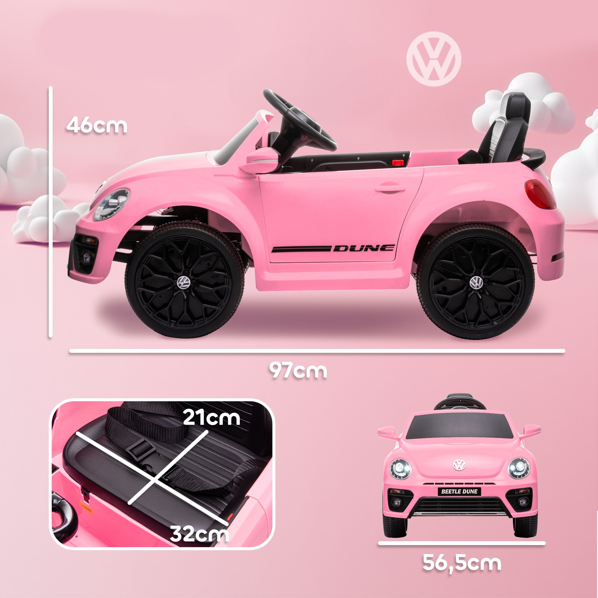 Kids Electric Car 12V Volkswagen Beetle Kids Car with 2.4G Remote Control, Music, Horn, Electric Vehicle with LED Lights, USB/MP3 Connection, 3-5 km/h, for Kids 3-5 Years, Pink