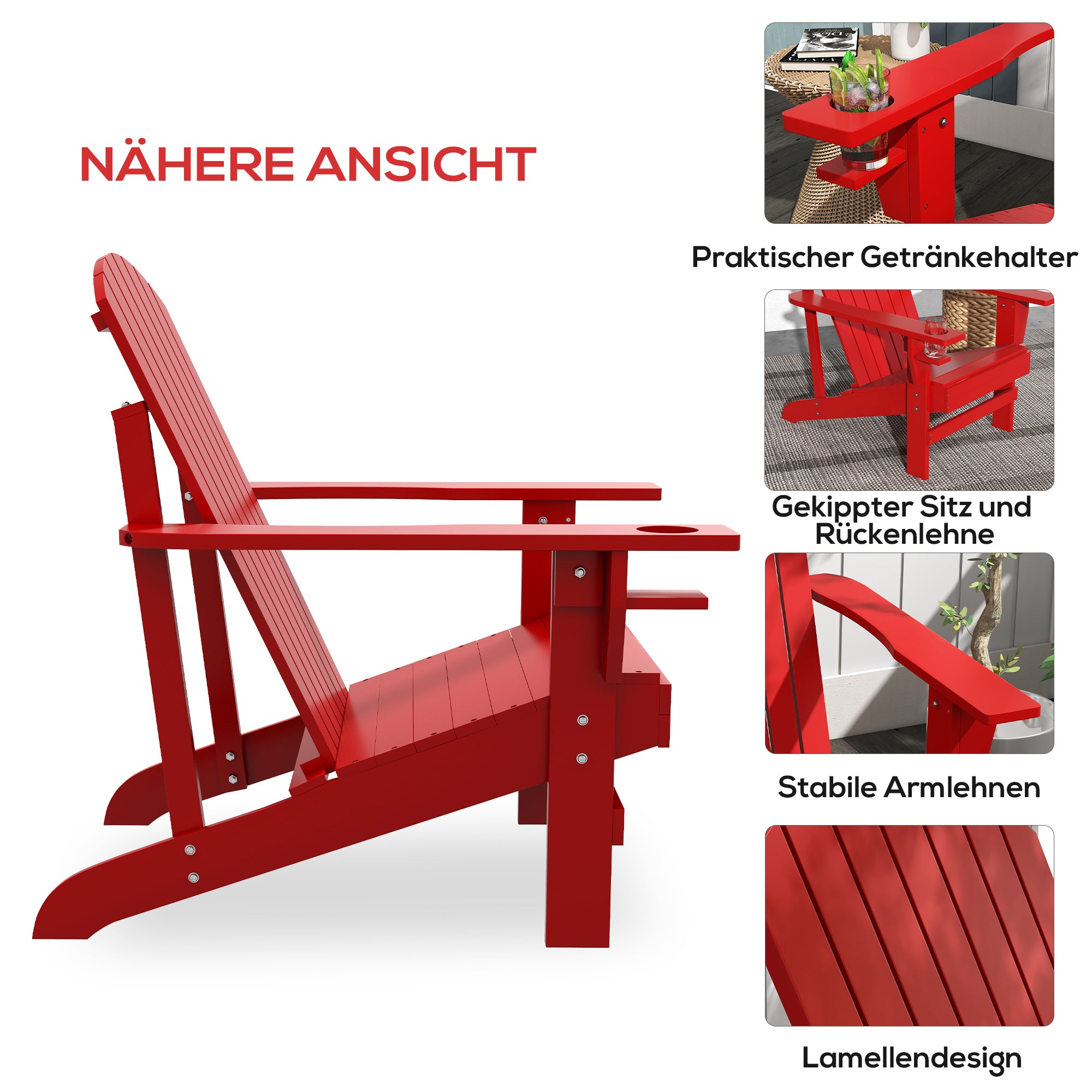 Adirondack Garden Chair with Cup Holder Sun Lounger Balcony Chair Solid Wood Red 72 x 94 x 93 cm