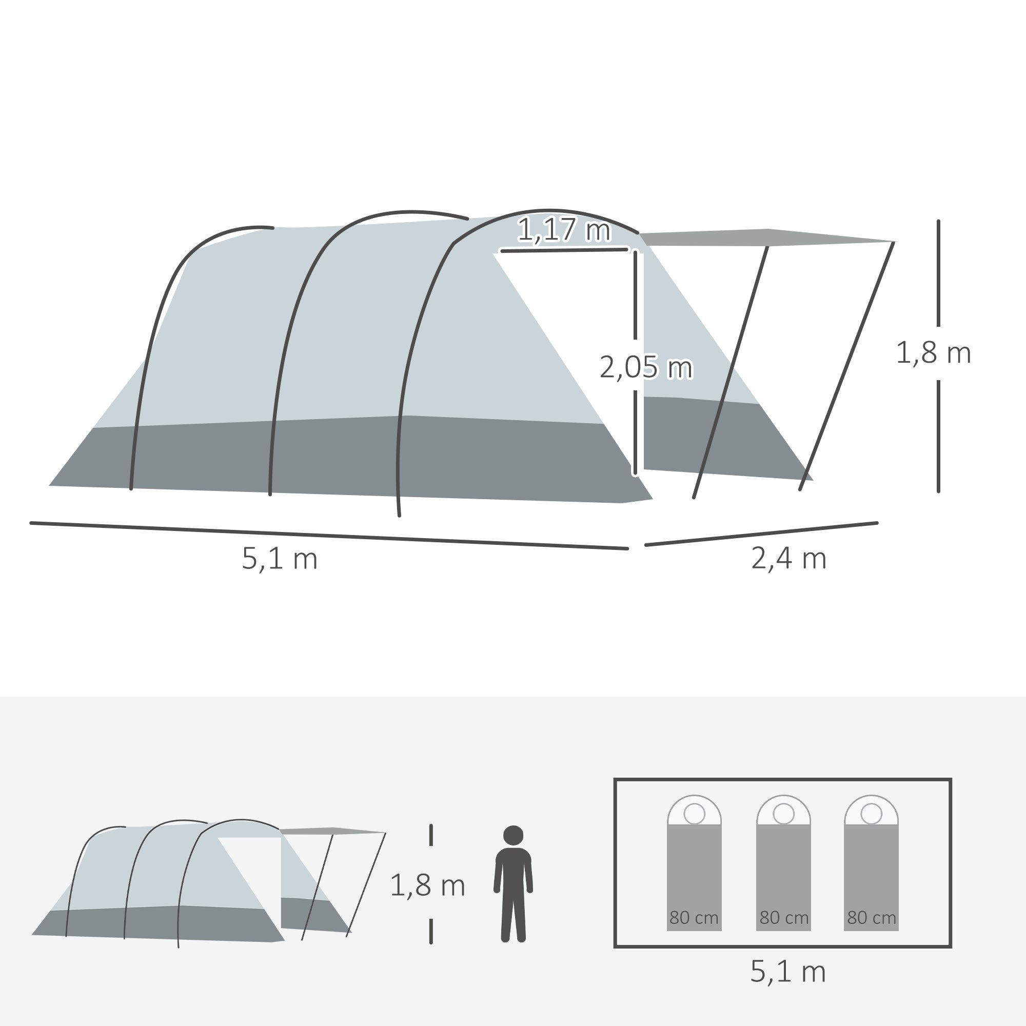 Tunnel Tent for 8 People, Camping Tent with Sleeping Cabin, Living Room, Family Tent with Carrying Bag, Groundsheet, Group Tent with 3 Doors, 2000 mm Water Column, Grey