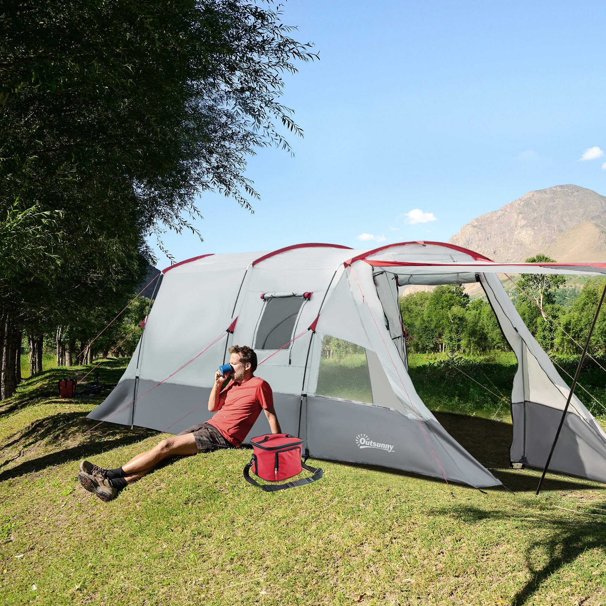 Tunnel Tent for 8 People, Camping Tent with Sleeping Cabin, Living Room, Family Tent with Carrying Bag, Groundsheet, Group Tent with 3 Doors, 2000 mm Water Column, Grey