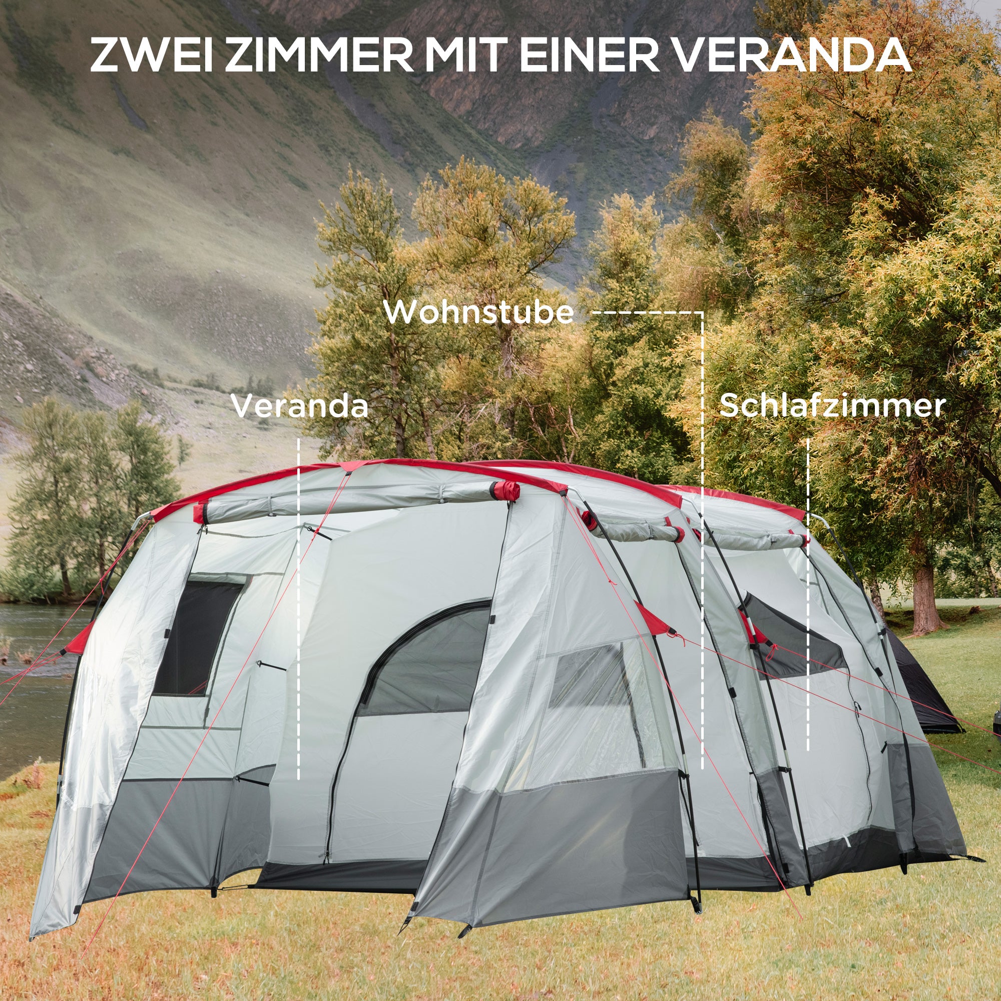 Tunnel Tent for 8 People, Camping Tent with Sleeping Cabin, Living Room, Family Tent with Carrying Bag, Groundsheet, Group Tent with 3 Doors, 2000 mm Water Column, Grey