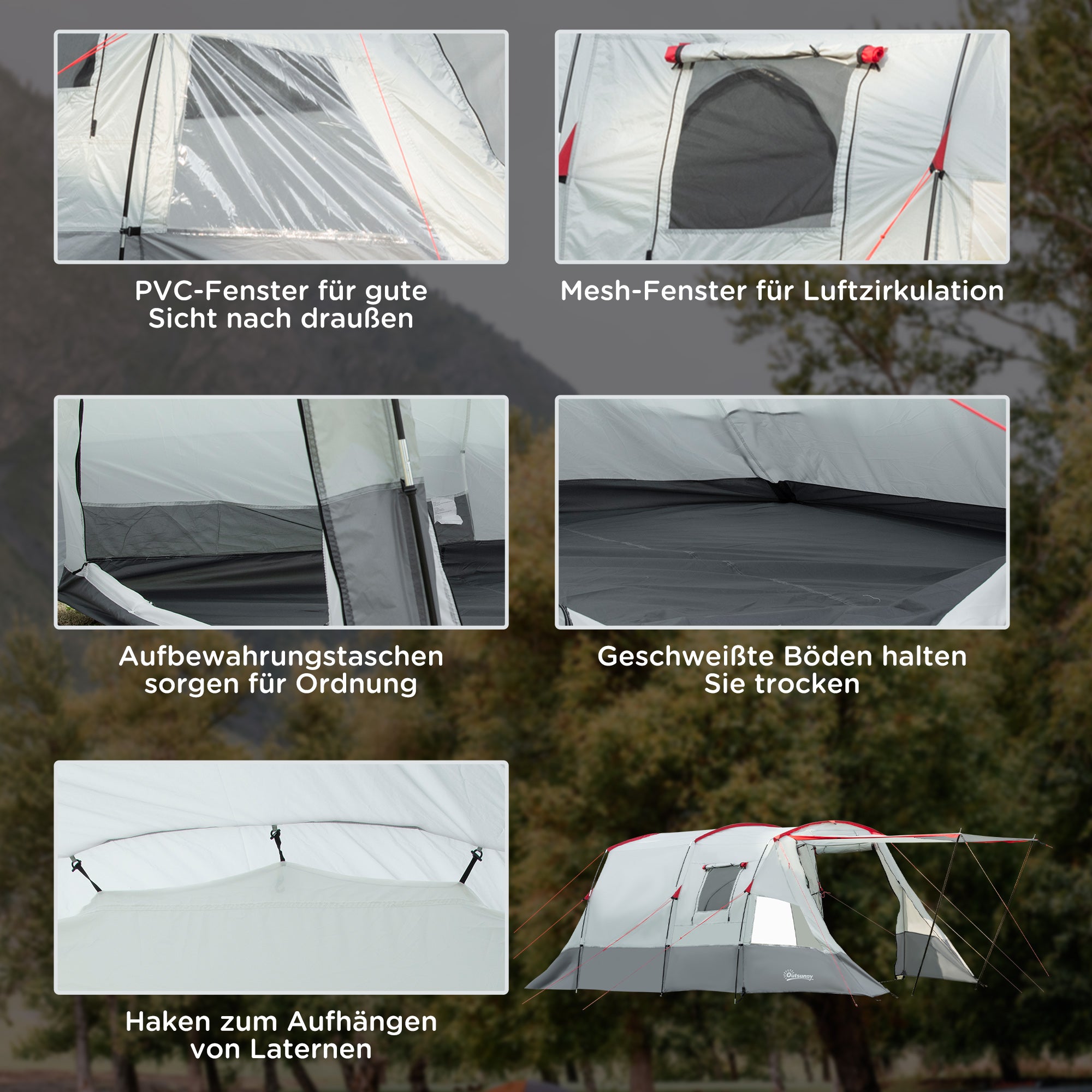 Tunnel Tent for 8 People, Camping Tent with Sleeping Cabin, Living Room, Family Tent with Carrying Bag, Groundsheet, Group Tent with 3 Doors, 2000 mm Water Column, Grey