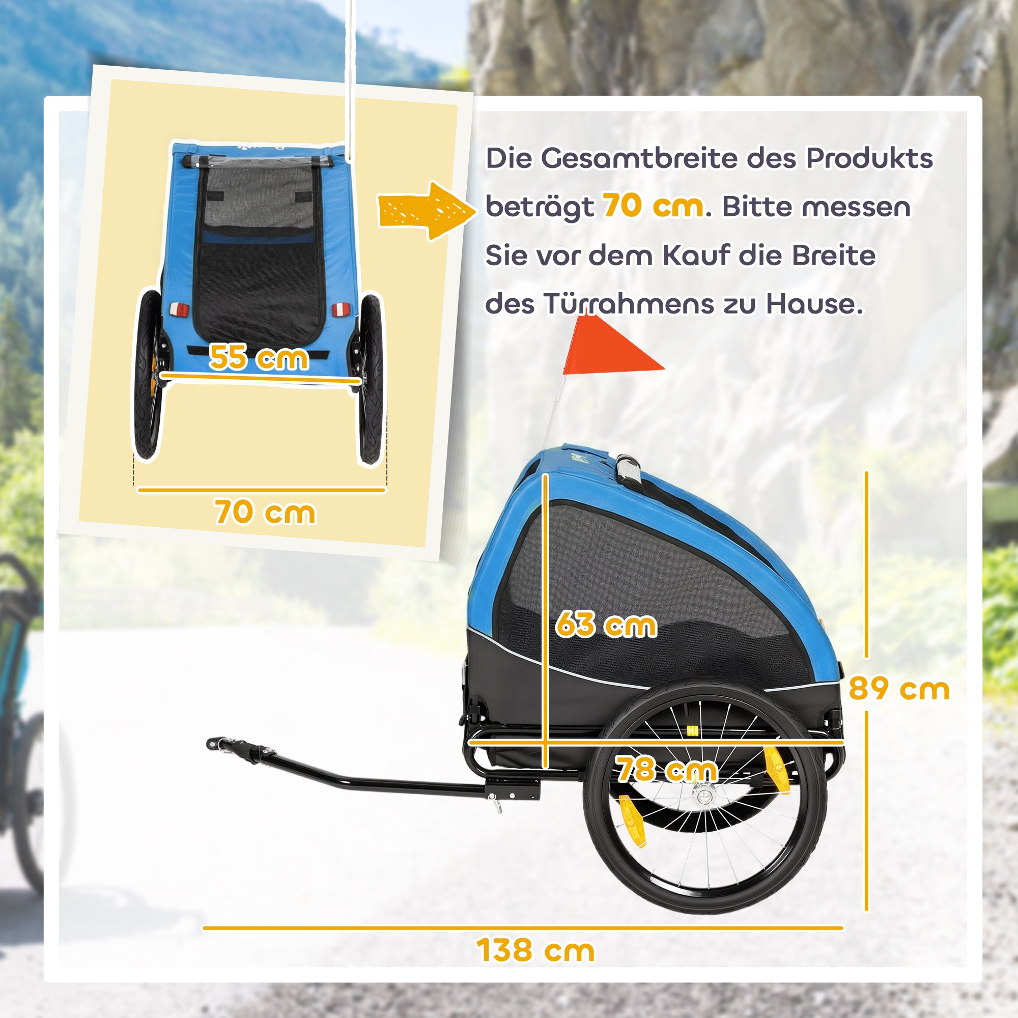 Foldable Dog Bike Trailer with Reflectors, Mesh Windows, Wheels, Rear Door & Safety Flag — Blue — Holds up to 44 lb