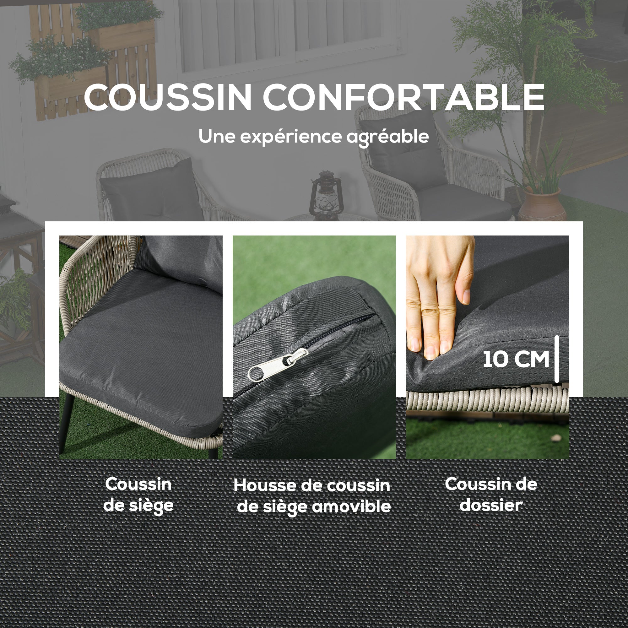 Garden Bistro Set 3 Pieces Bistro Garden Set Steel Frame 2 Armchairs + 1 Round Coffee Table Grey Cushions Included