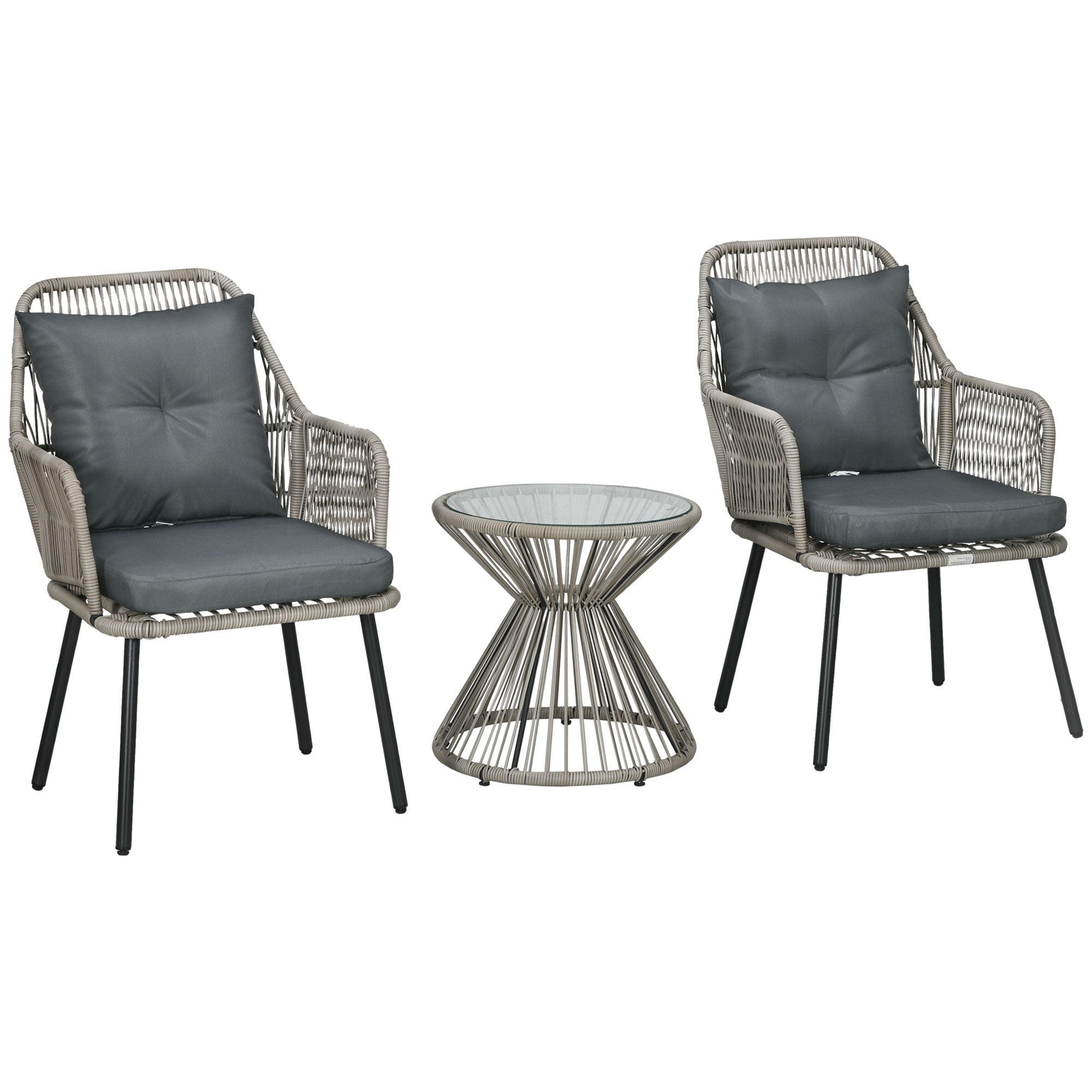 Garden Bistro Set 3 Pieces Bistro Garden Set Steel Frame 2 Armchairs + 1 Round Coffee Table Grey Cushions Included